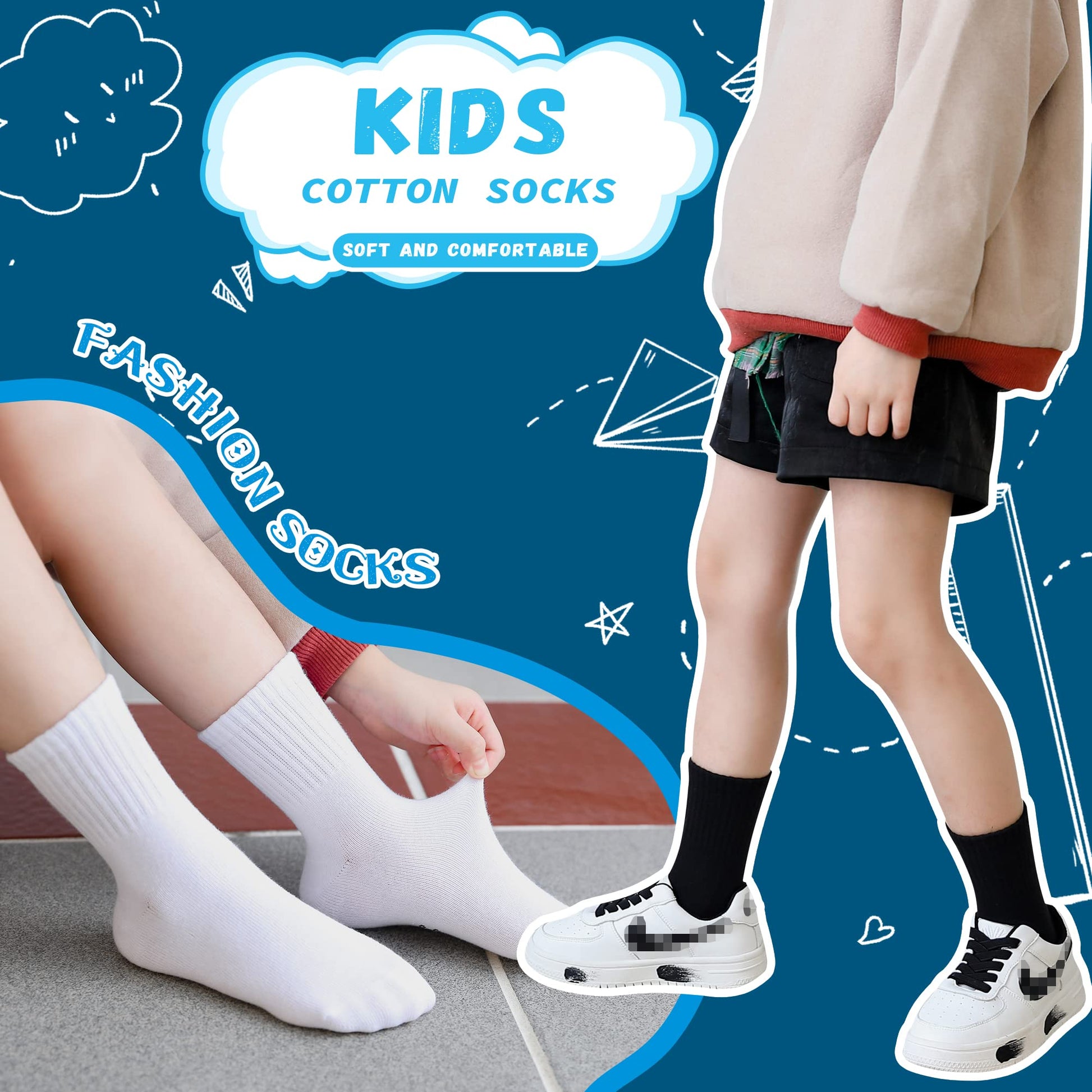 AMENLAN Kids Classics Crew Socks 10 Pairs Child Boy Girls Athletic Cotton Basic School Uniform Breathable Casual Sports Socks (Black+White,13 - 15 Years) - The One Stop Deals