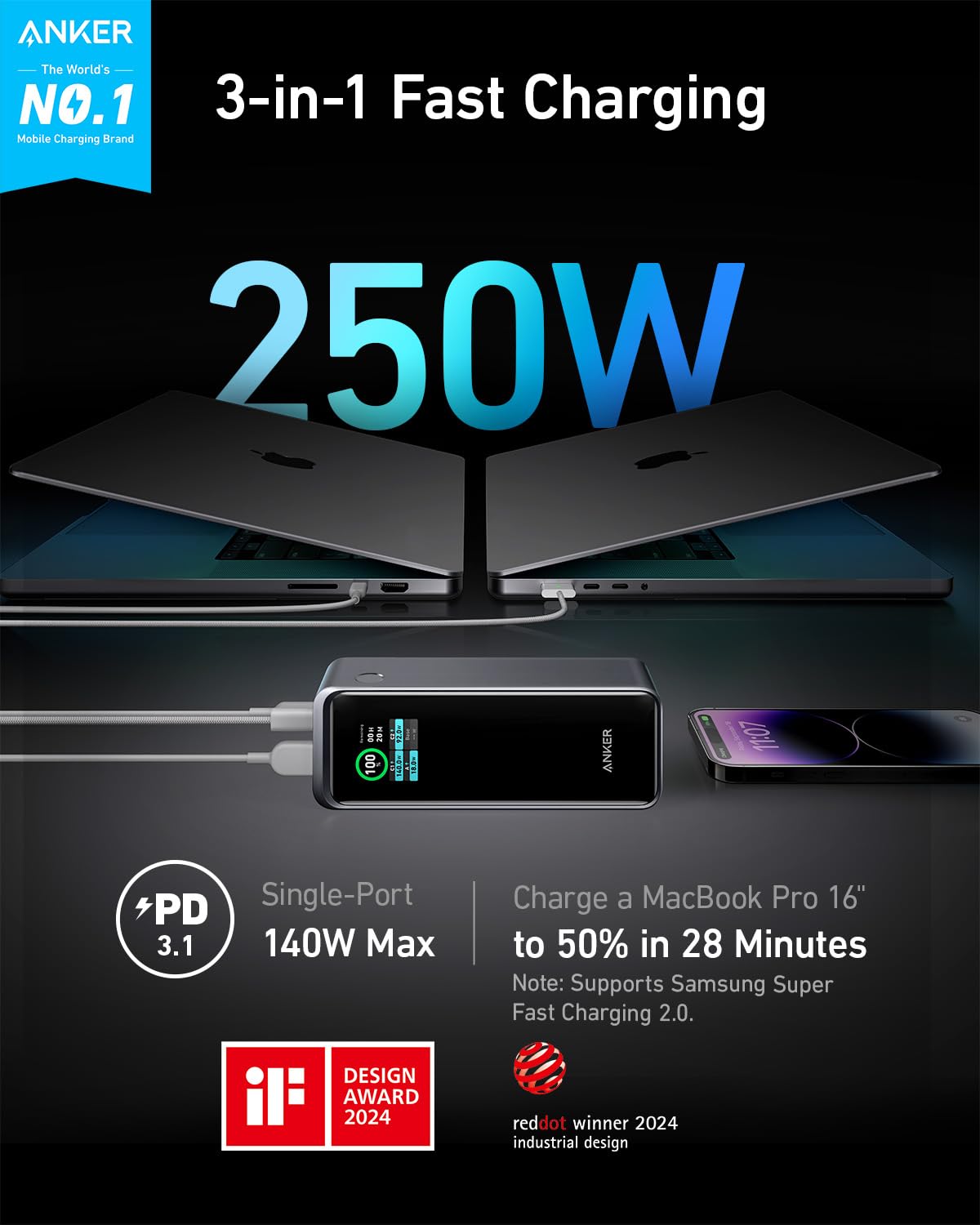 Anker Prime Power Bank, 27,650mAh 3 - Port 250W Portable Charger (99.54Wh) Smart App, Compatible with MacBook Pro/Air, iPhone 16/15/14/13 Series, Samsung, Dell, and More (Charging Base Not Included) - The One Stop Deals