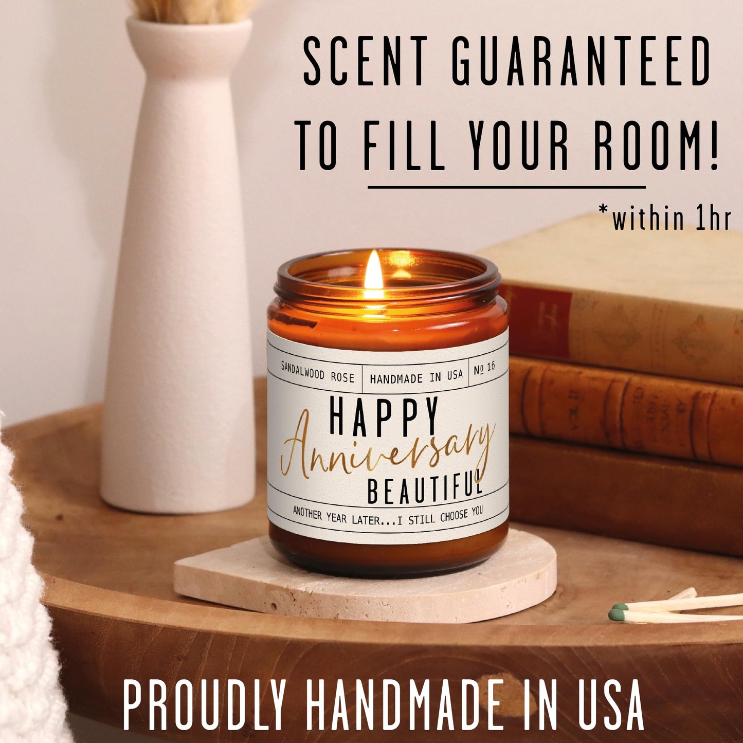 Anniversary Gifts for Women - 'Happy Anniversary Beautiful' Candle, w/Sandalwood Rose - infused w/Essential Oils I Happy Anniversary Gifts for Her I Anniversary Gifts for Wife I 50Hr Burn, USA Made - The One Stop Deals