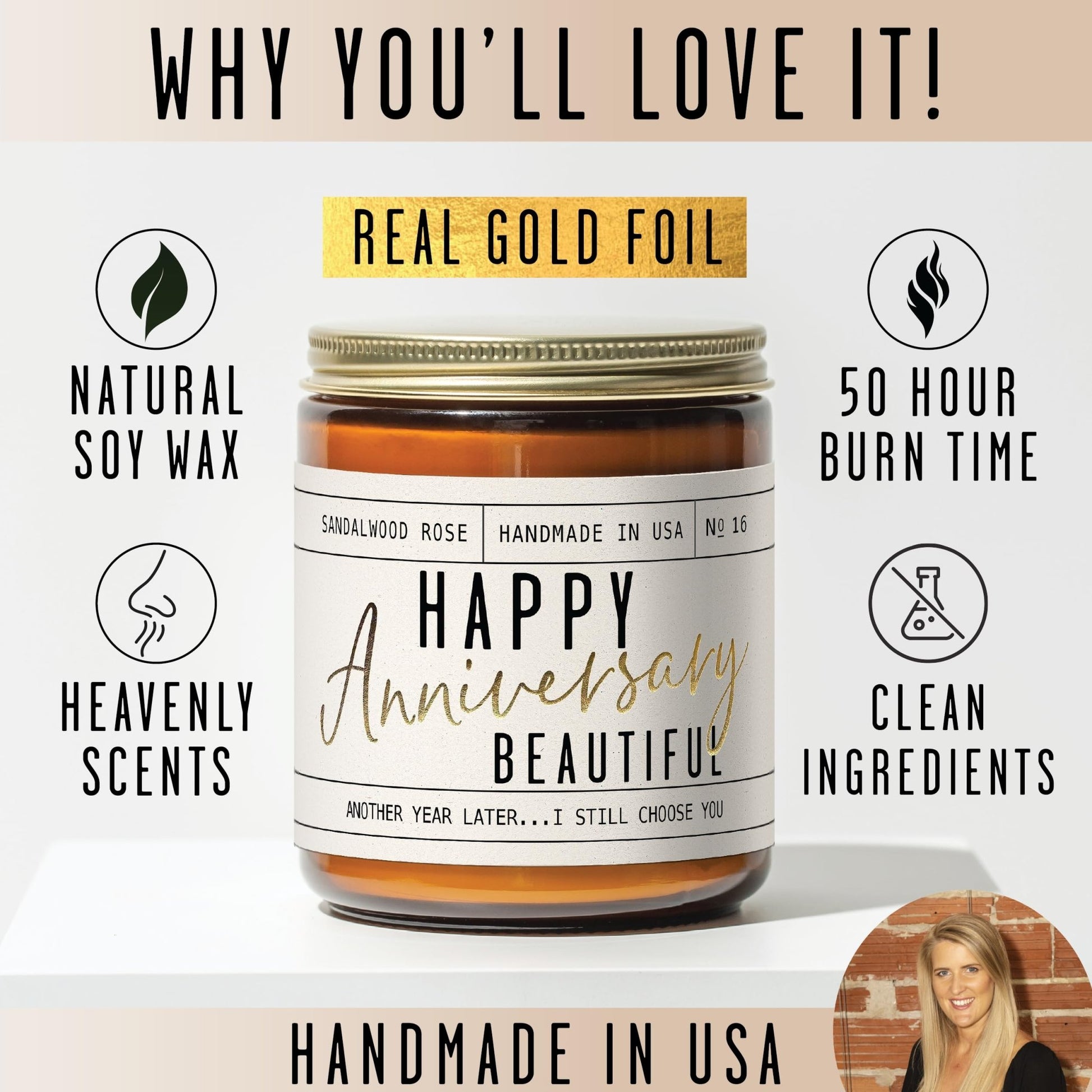 Anniversary Gifts for Women - 'Happy Anniversary Beautiful' Candle, w/Sandalwood Rose - infused w/Essential Oils I Happy Anniversary Gifts for Her I Anniversary Gifts for Wife I 50Hr Burn, USA Made - The One Stop Deals