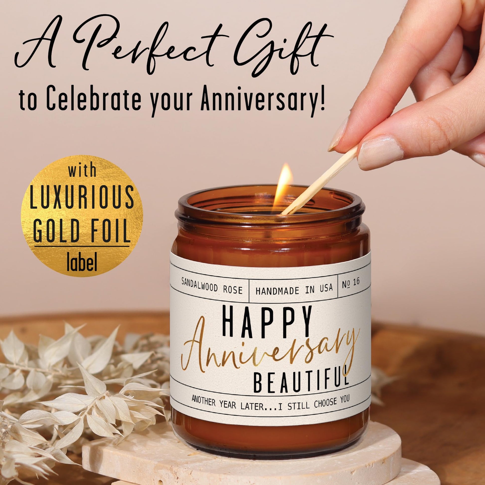 Anniversary Gifts for Women - 'Happy Anniversary Beautiful' Candle, w/Sandalwood Rose - infused w/Essential Oils I Happy Anniversary Gifts for Her I Anniversary Gifts for Wife I 50Hr Burn, USA Made - The One Stop Deals