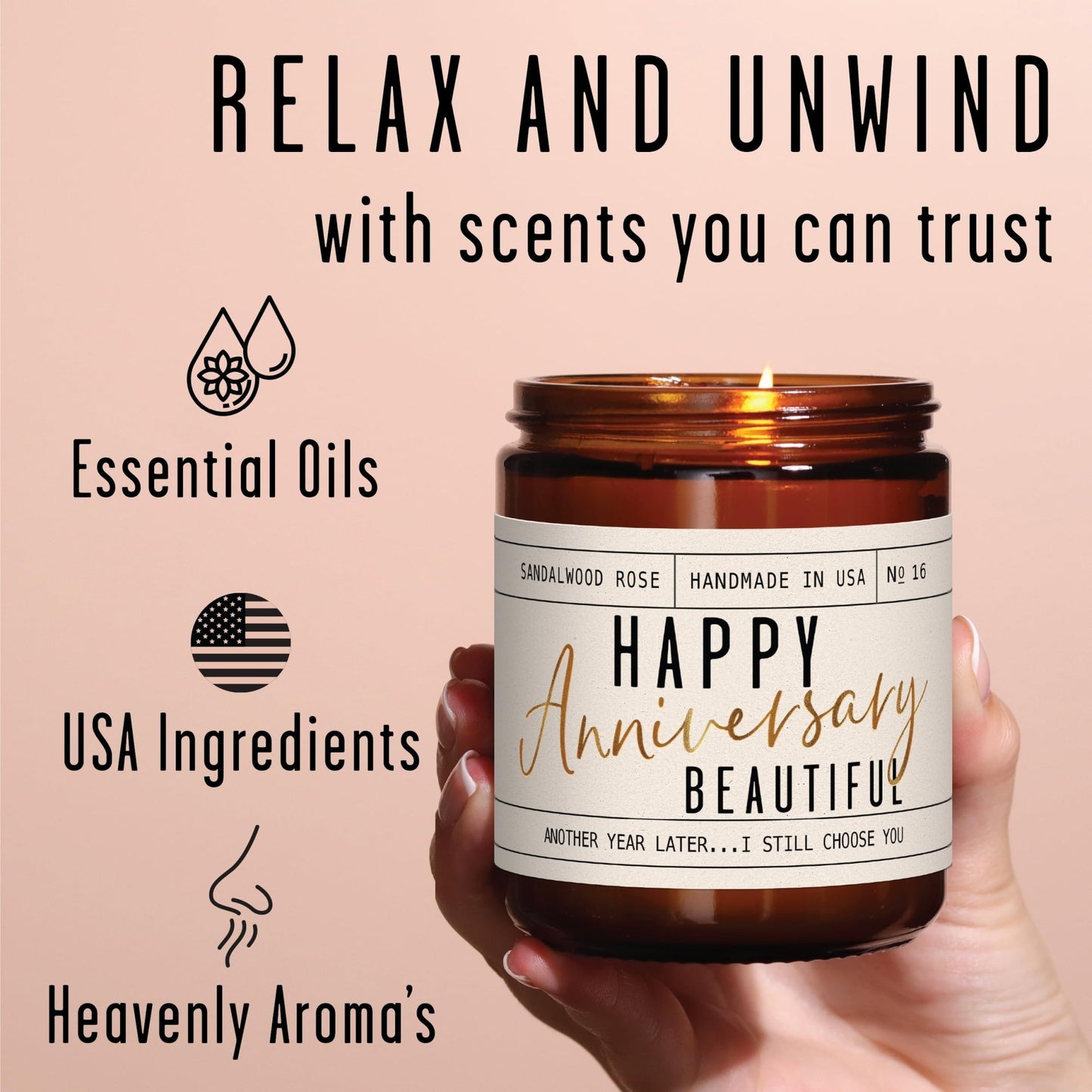 Anniversary Gifts for Women - 'Happy Anniversary Beautiful' Candle, w/Sandalwood Rose - infused w/Essential Oils I Happy Anniversary Gifts for Her I Anniversary Gifts for Wife I 50Hr Burn, USA Made - The One Stop Deals