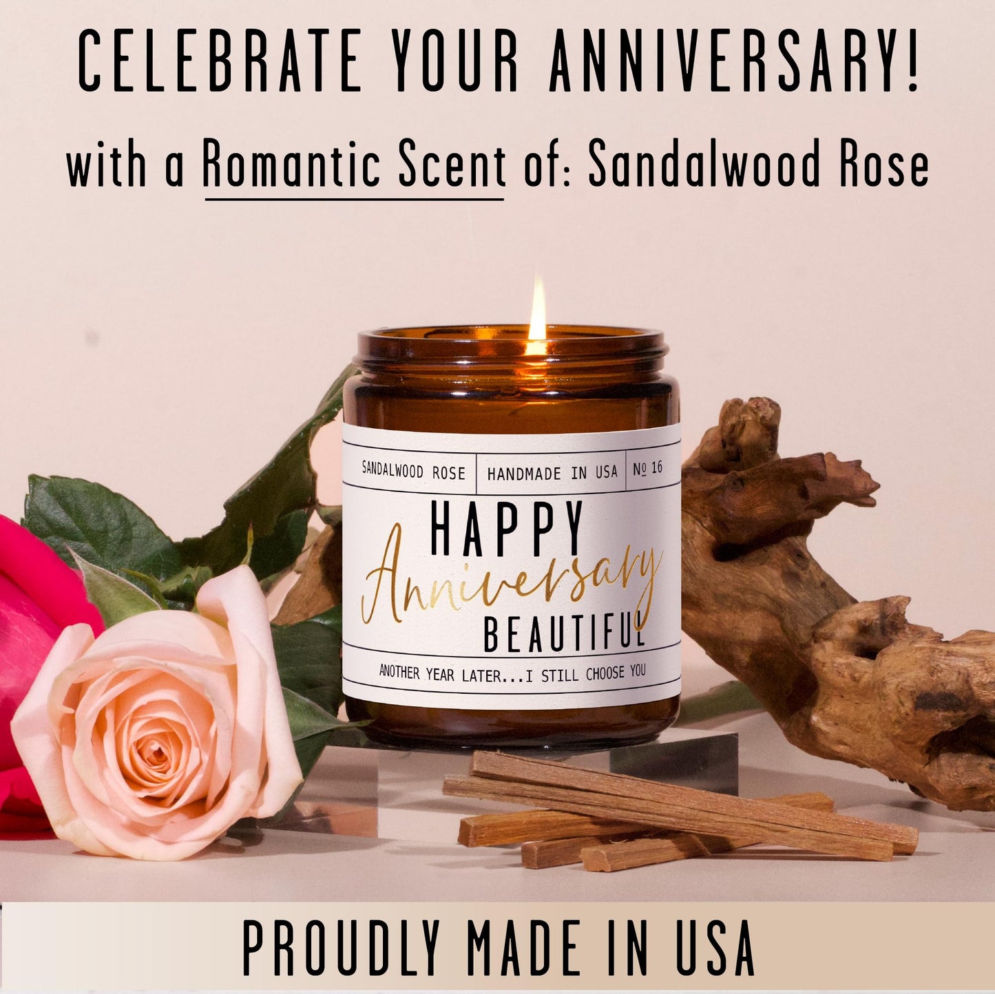 Anniversary Gifts for Women - 'Happy Anniversary Beautiful' Candle, w/Sandalwood Rose - infused w/Essential Oils I Happy Anniversary Gifts for Her I Anniversary Gifts for Wife I 50Hr Burn, USA Made - The One Stop Deals