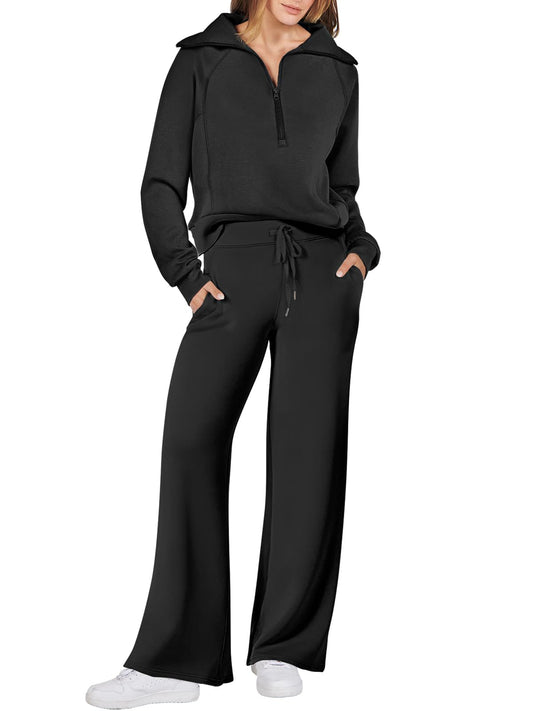 ANRABESS Women 2 Piece Outfits Sweatsuit Oversized Sweatshirt Sweatpants Tracksuit Sweat Lounge Matching Set 2025 Fall Trendy Black Small - The One Stop Deals