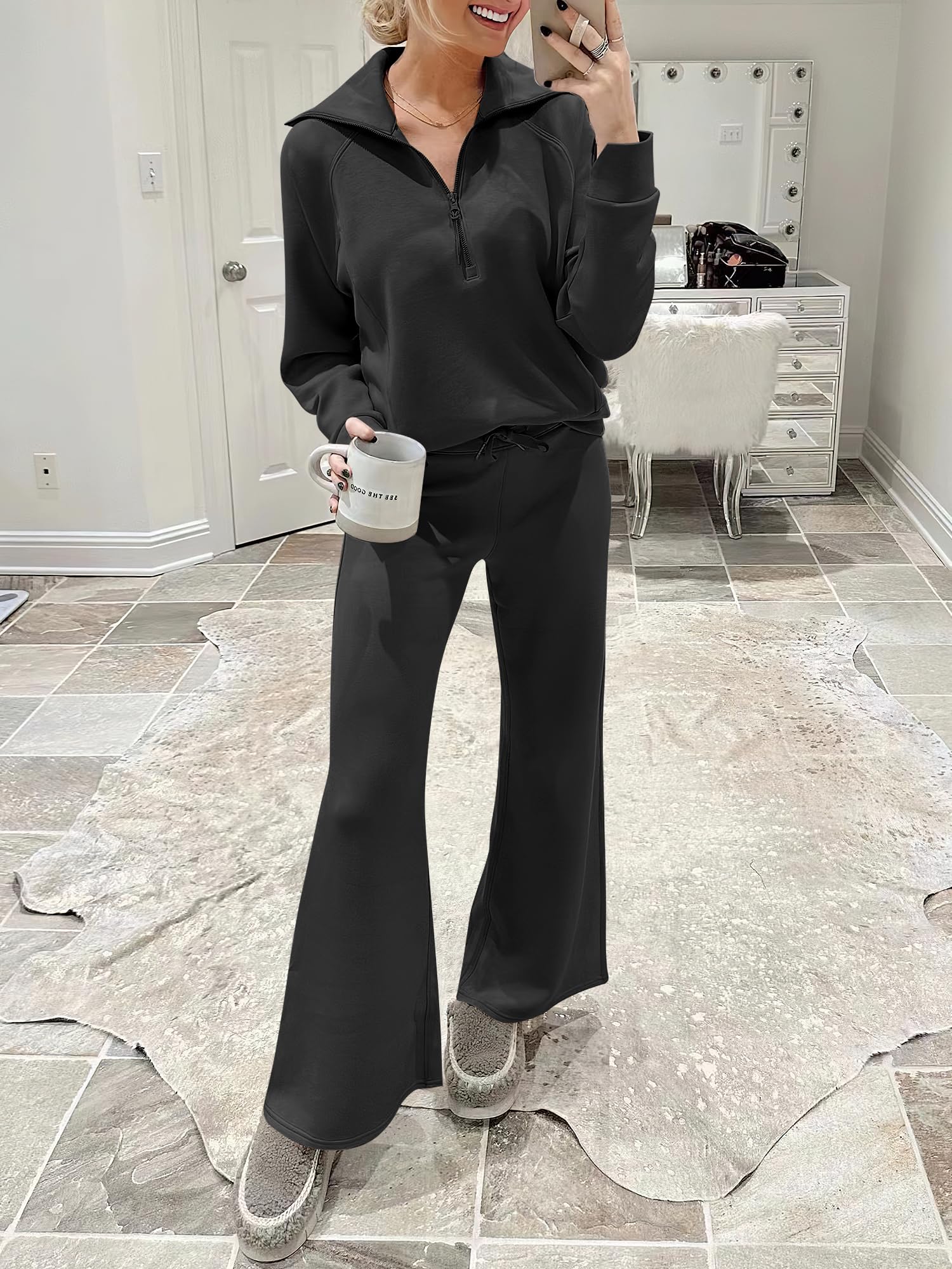 ANRABESS Women 2 Piece Outfits Sweatsuit Oversized Sweatshirt Sweatpants Tracksuit Sweat Lounge Matching Set 2025 Fall Trendy Black Small - The One Stop Deals