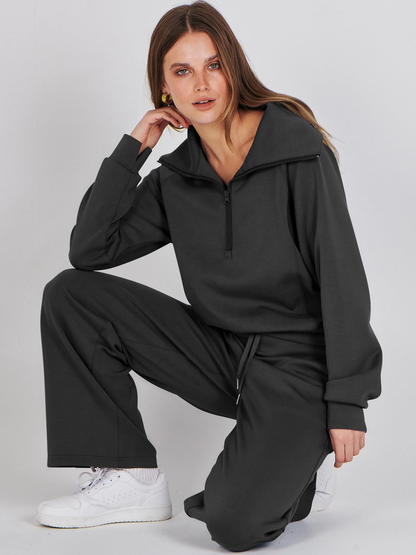 ANRABESS Women 2 Piece Outfits Sweatsuit Oversized Sweatshirt Sweatpants Tracksuit Sweat Lounge Matching Set 2025 Fall Trendy Black Small - The One Stop Deals