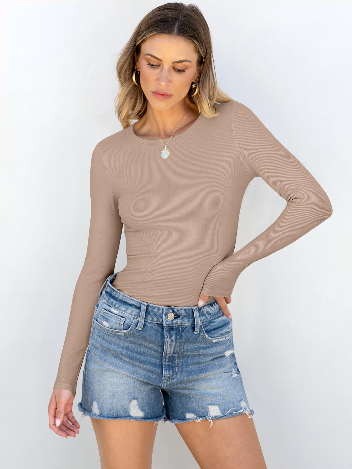 ANRABESS Women Long Sleeve Crewneck Rib Knit Slim Fit Shirts Basic Tee Tops 2025 Casual T-Shirt Going Out Workout Outfits Light Khaki Medium - The One Stop Deals