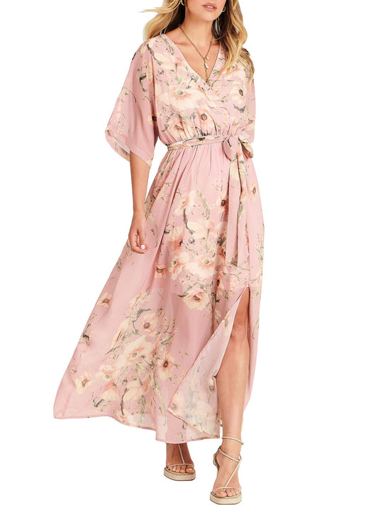 ANRABESS Women’s Summer Loose Boho Flowy Wrap V Neck 3/4 Sleeve Floral Print Slit Beach Wedding Guest Long Maxi Dresses Floral Pink Small - The One Stop Deals