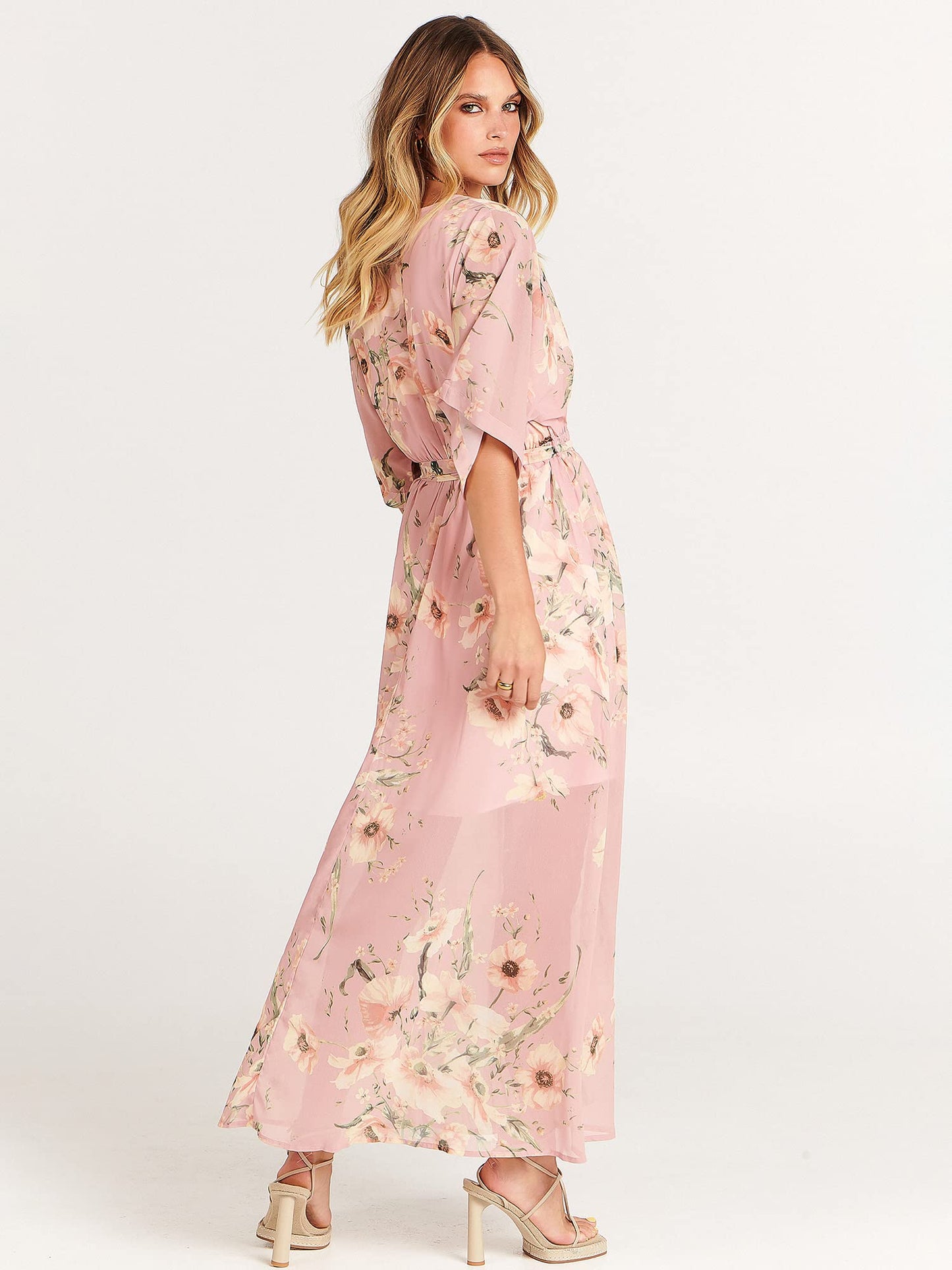 ANRABESS Women’s Summer Loose Boho Flowy Wrap V Neck 3/4 Sleeve Floral Print Slit Beach Wedding Guest Long Maxi Dresses Floral Pink Small - The One Stop Deals