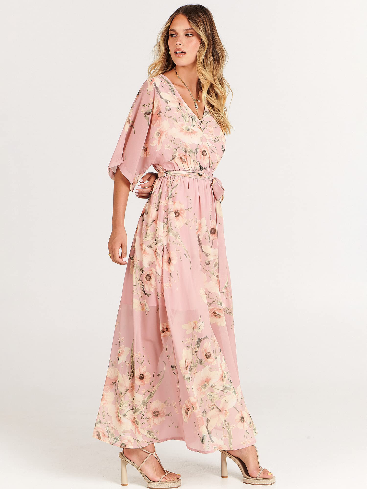 ANRABESS Women’s Summer Loose Boho Flowy Wrap V Neck 3/4 Sleeve Floral Print Slit Beach Wedding Guest Long Maxi Dresses Floral Pink Small - The One Stop Deals