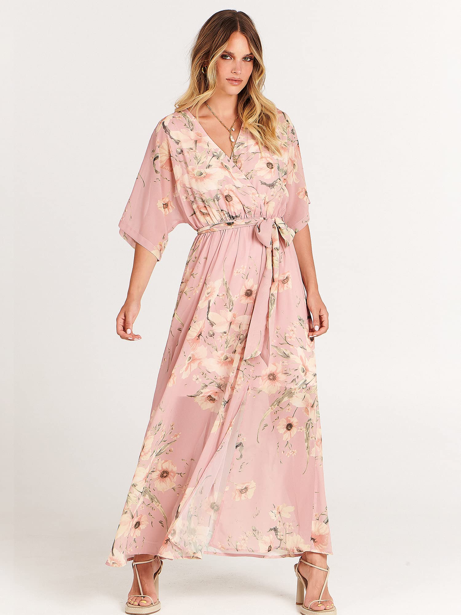 ANRABESS Women’s Summer Loose Boho Flowy Wrap V Neck 3/4 Sleeve Floral Print Slit Beach Wedding Guest Long Maxi Dresses Floral Pink Small - The One Stop Deals