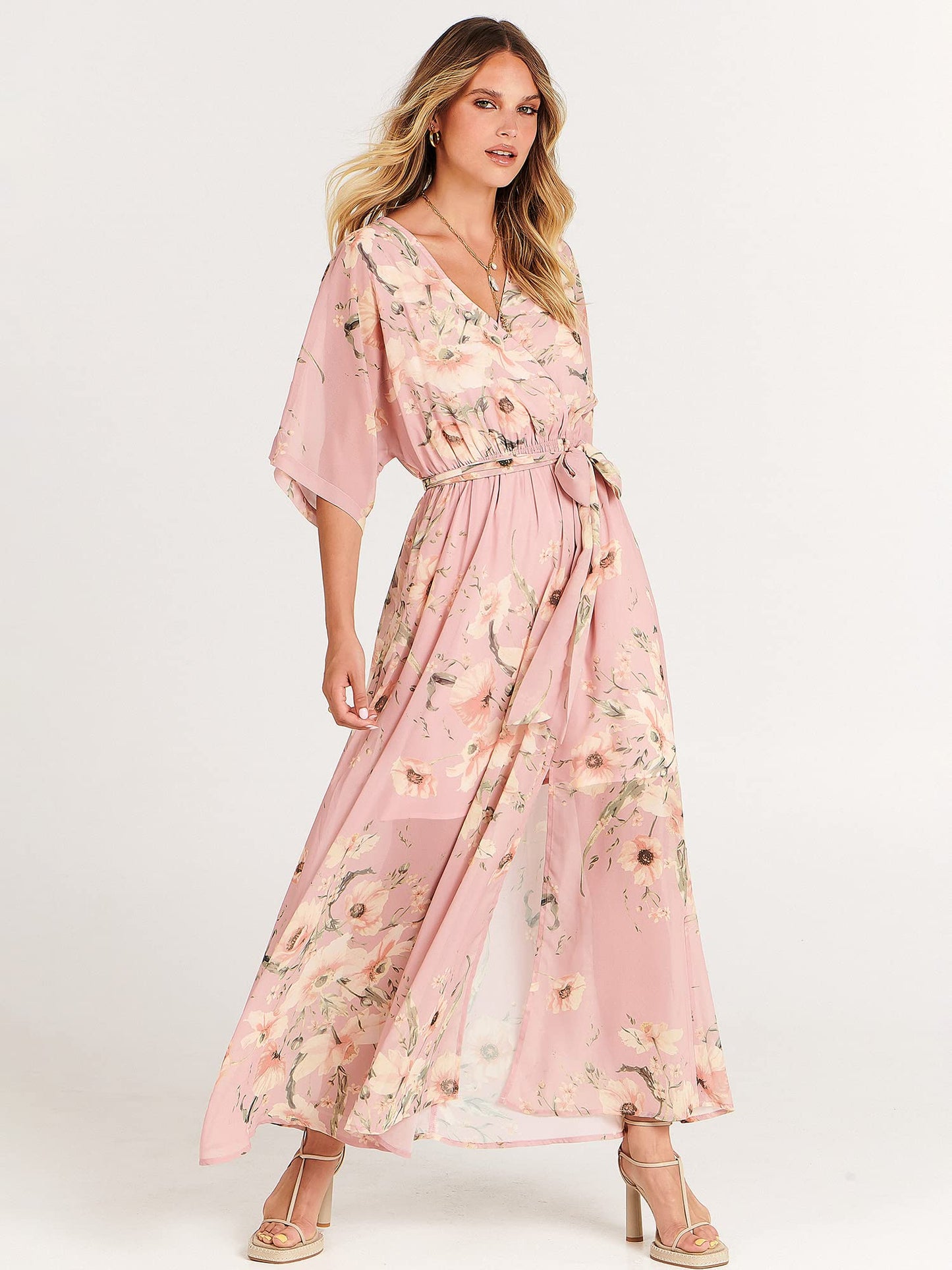 ANRABESS Women’s Summer Loose Boho Flowy Wrap V Neck 3/4 Sleeve Floral Print Slit Beach Wedding Guest Long Maxi Dresses Floral Pink Small - The One Stop Deals