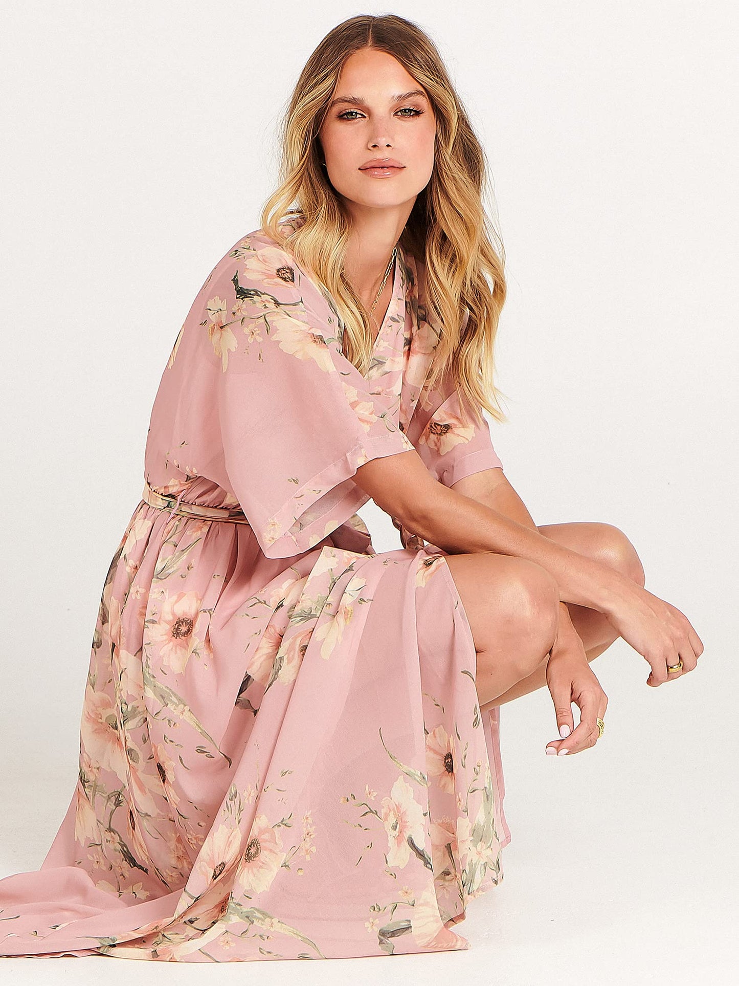 ANRABESS Women’s Summer Loose Boho Flowy Wrap V Neck 3/4 Sleeve Floral Print Slit Beach Wedding Guest Long Maxi Dresses Floral Pink Small - The One Stop Deals