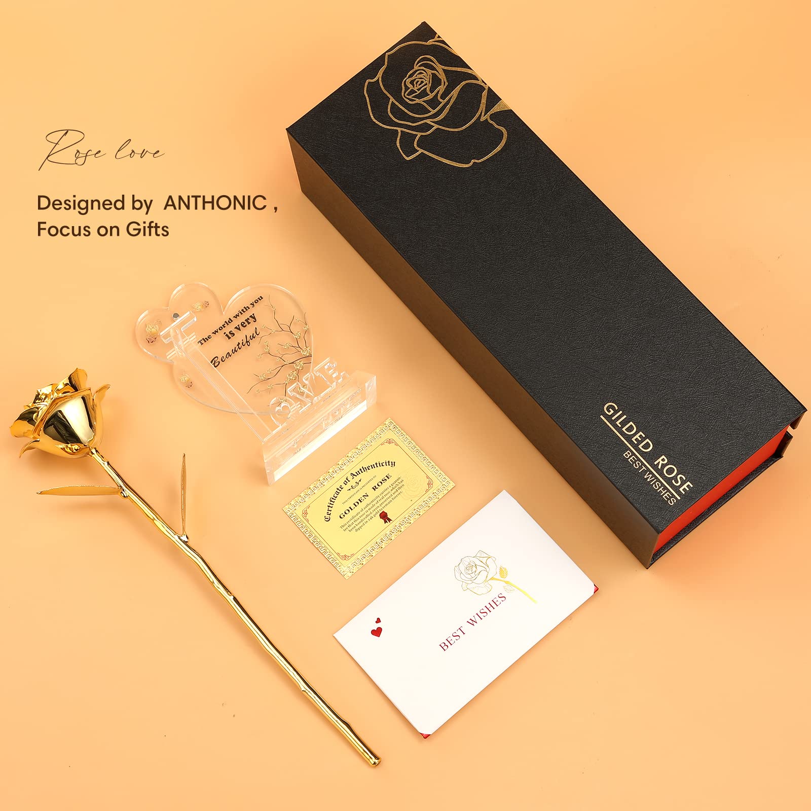 Anthonic Gold Dipped Rose Real 24K Gold Rose, Genuine One of a Kind Rose Hand Dipped in 24K Golden Roses Romantic Gifts for Women in Her Birthday Anniversary Day Mothers Day - The One Stop Deals