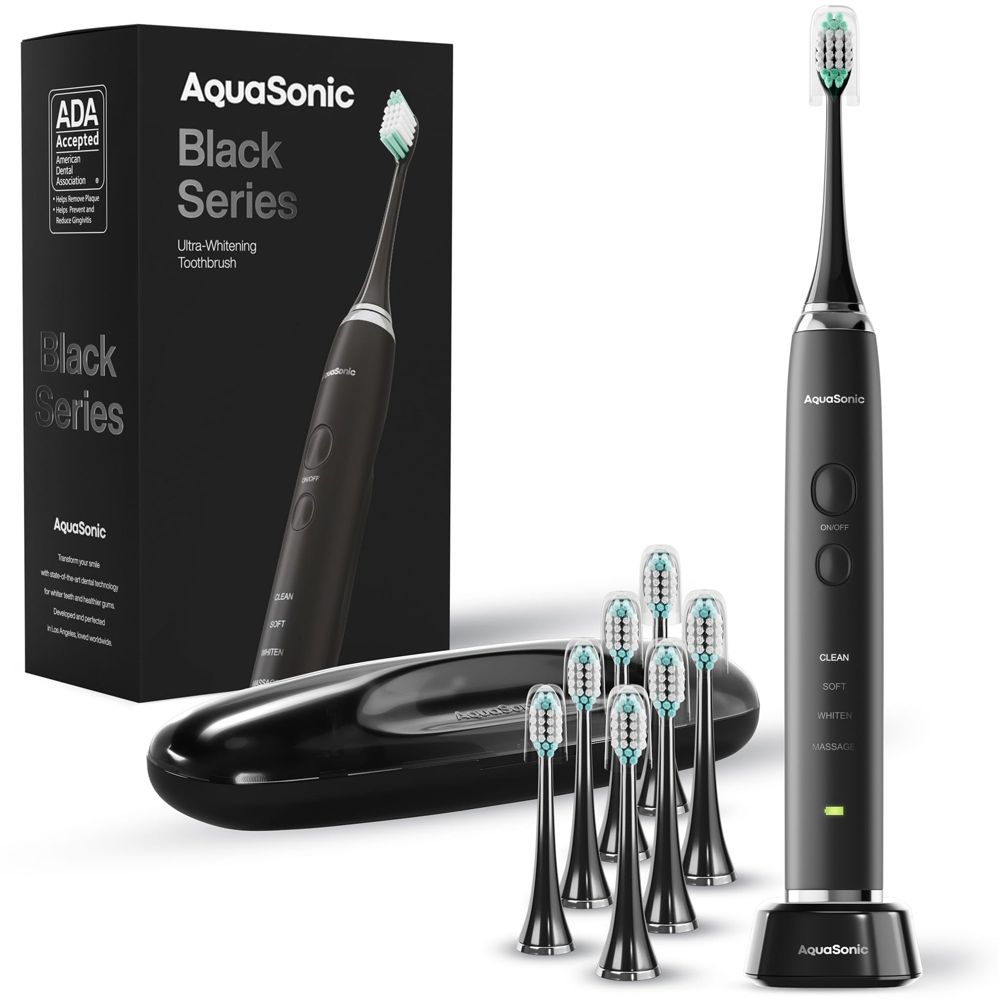 Aquasonic Black Series Ultra Whitening Toothbrush – ADA Accepted Electric Toothbrush - 8 Brush Heads & Travel Case – 40,000 VPM Electric Motor & Wireless Charging - 4 Modes w Smart Timer - The One Stop Deals