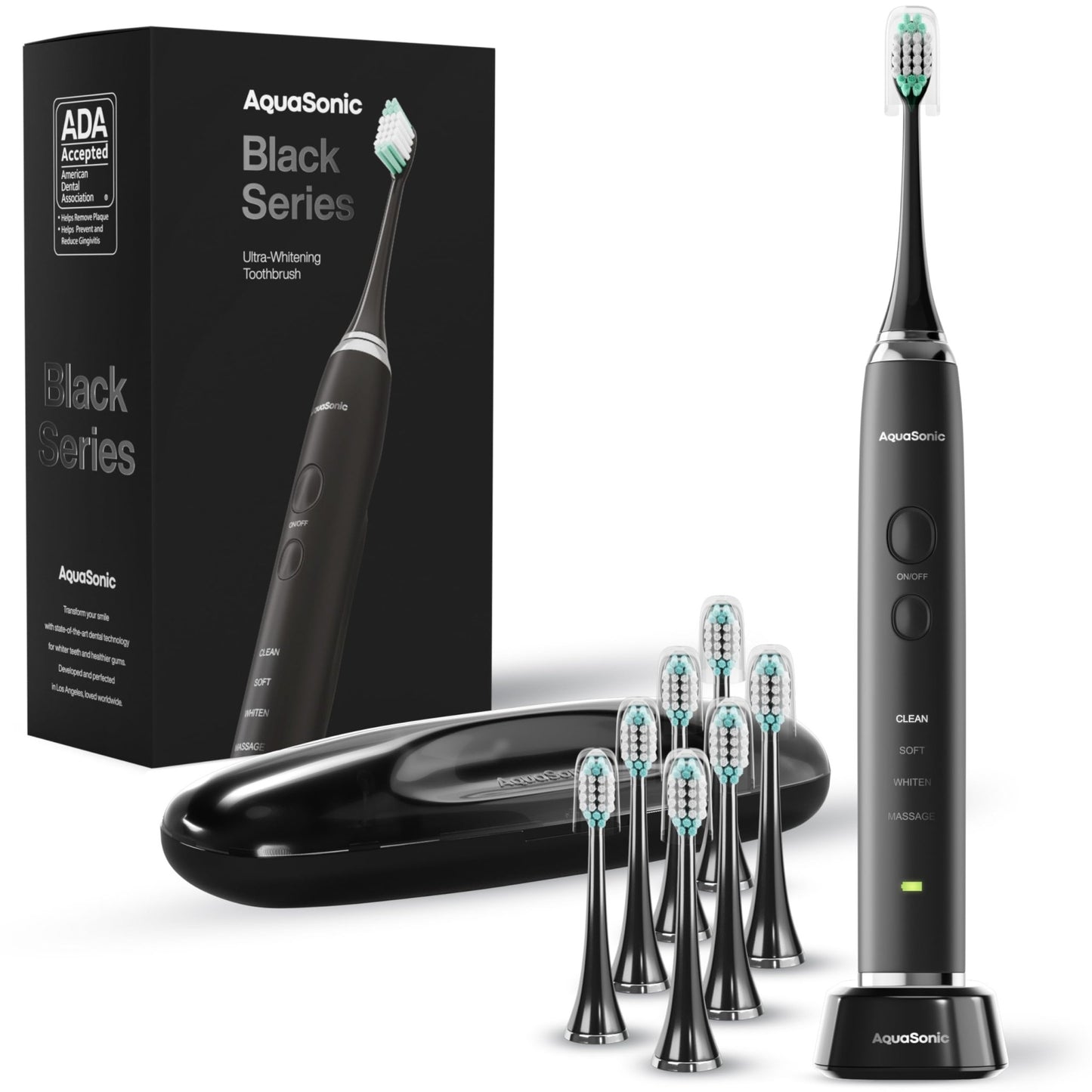 Aquasonic Black Series Ultra Whitening Toothbrush – ADA Accepted Electric Toothbrush - 8 Brush Heads & Travel Case – 40,000 VPM Electric Motor & Wireless Charging - 4 Modes w Smart Timer - The One Stop Deals