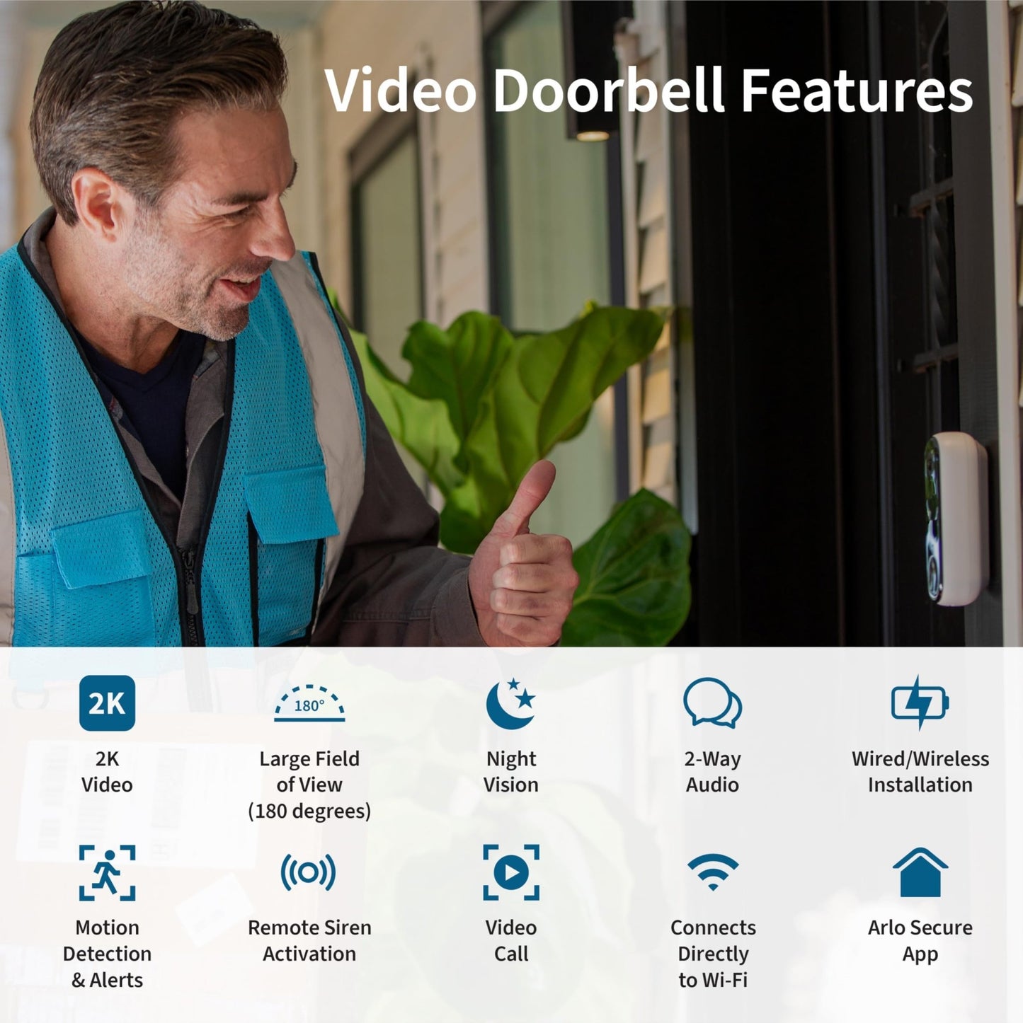 Arlo Video Doorbell 2K | 2nd Gen | Wire - Free/Wired Option, 2 - Way Audio, Night Vision, Head to Toe Video View, Integrated Siren | Live Stream | Real Time Notifications |180 Deg Wide View, White - The One Stop Deals