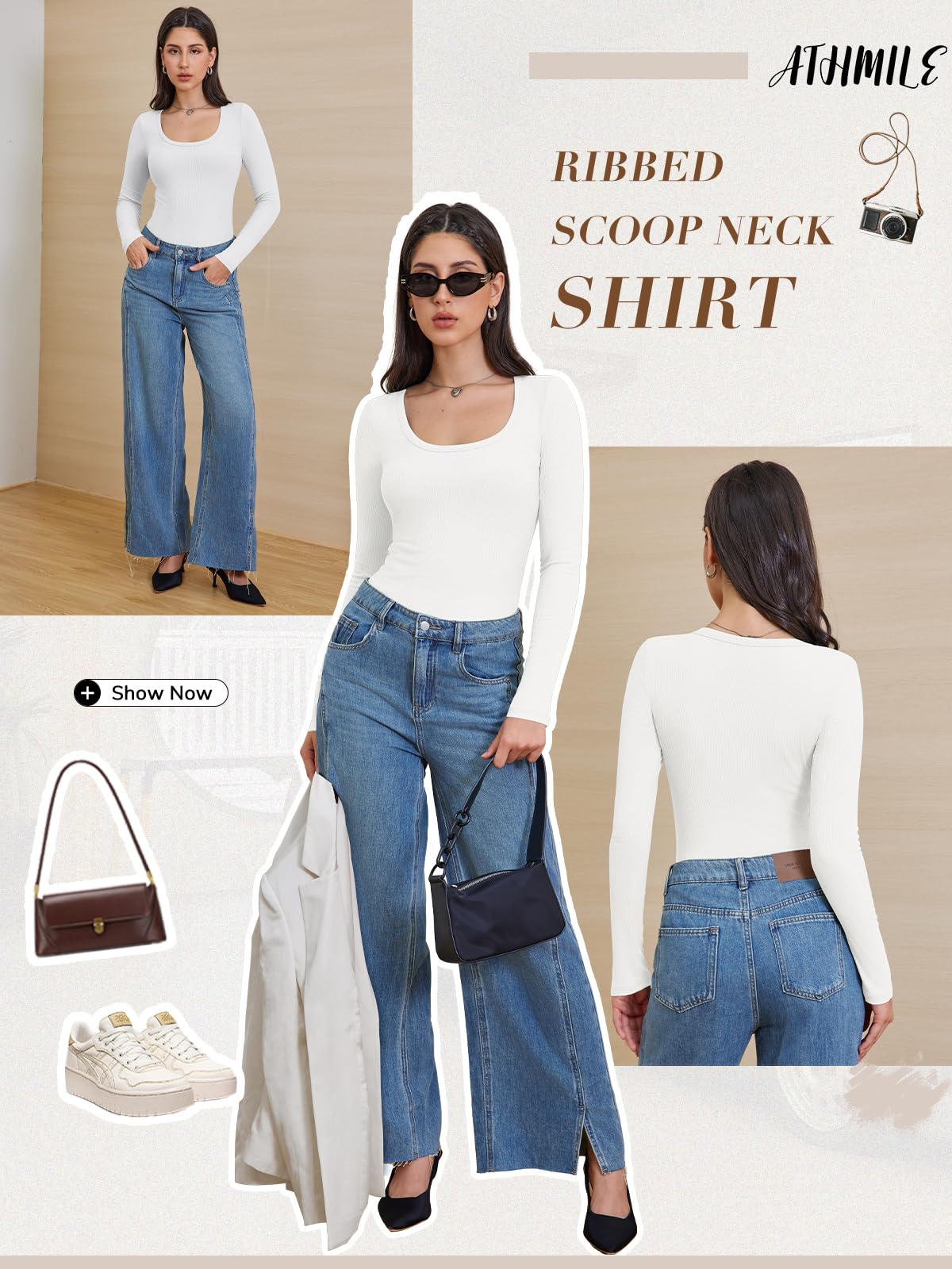 ATHMILE Long Sleeve Shirts for Women Tops Fall Fashion 2025 Ribbed Scoop Neck Casual Going Out Outfits Basic Tee Trendy Clothes A - White - The One Stop Deals