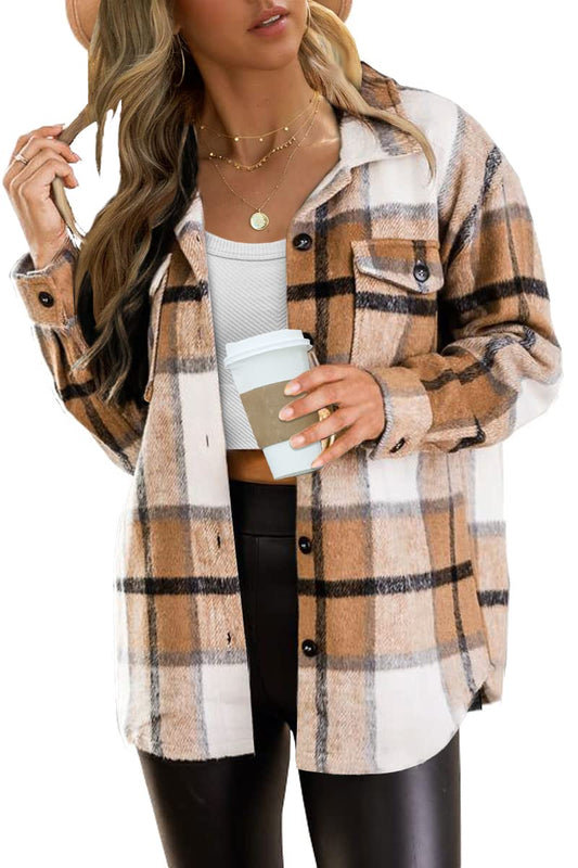 AUTOMET Womens Fall Outfits Fashion Clothes Shackets Flannel Plaid Button Down Long Sleeve Shirts Jackets Apricot S - The One Stop Deals