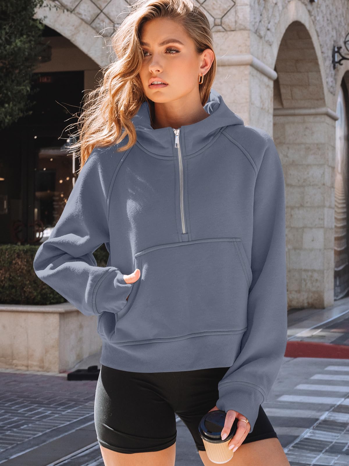 AUTOMET Womens Hoodies Half Zip Sweatshirts Fleece Jackets Tops Oversized Pullover Fall Outfits 2025 Winter Fashion Clothes GreyBlue M - The One Stop Deals