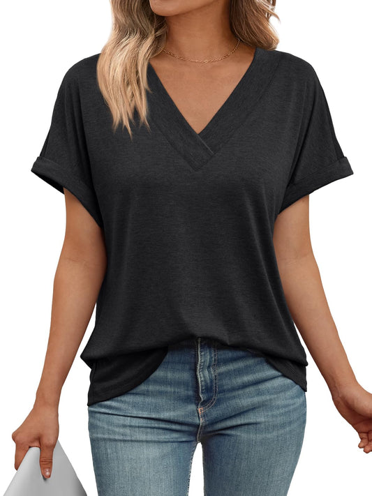 AUTOMET Womens Summer Tops Short Sleeve T Shirts V Neck Dressy Casual Top 2025 Cute Basic Trendy Spring Outfits Fashion Black L - The One Stop Deals