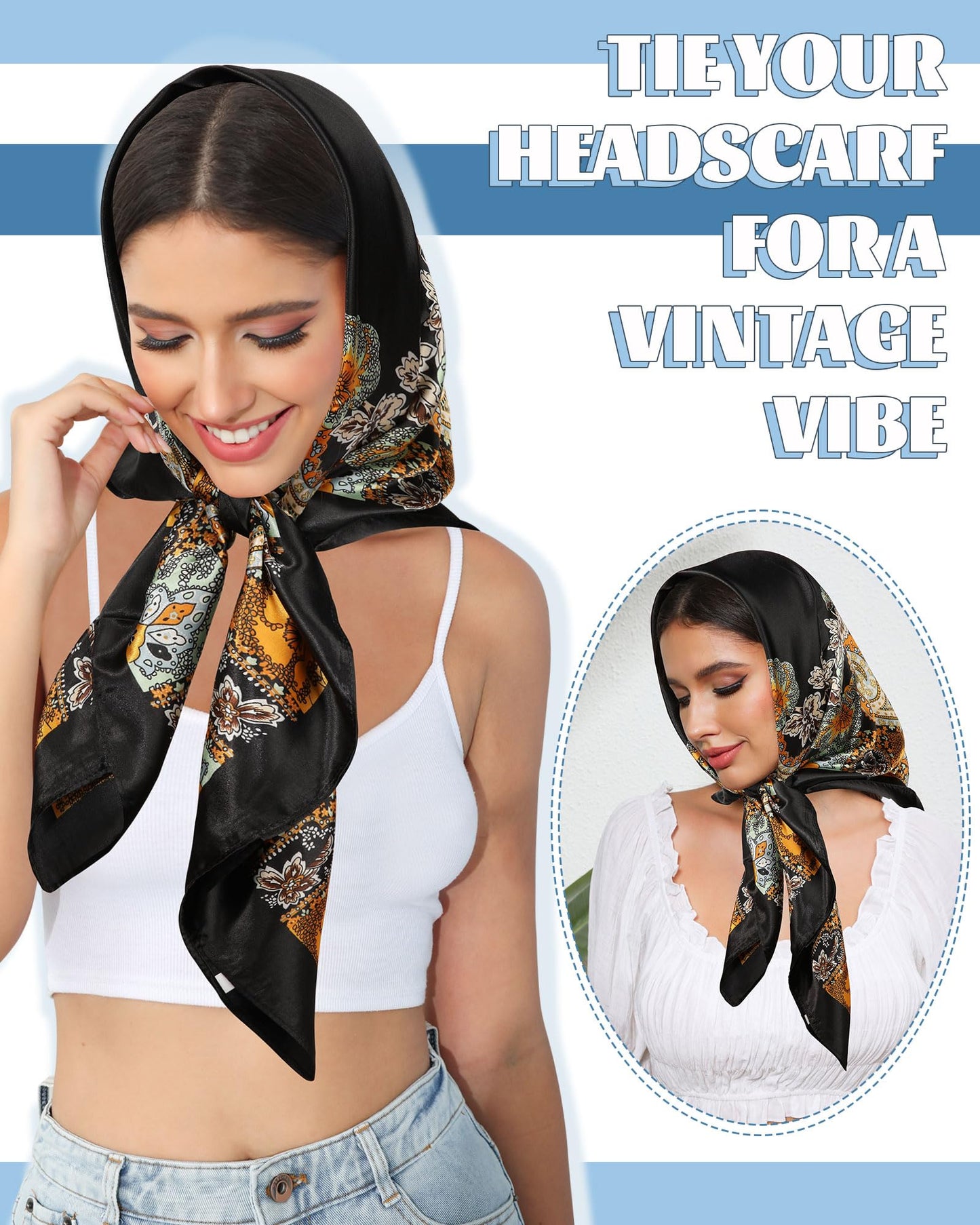 AWAYTR 35” Large Square Satin Head Scarf - 3Pcs Satin Hair Scarves Silk Bandana Scarf Headscarf Silk Feeling Scarf for Women (Cashew(camel/Black/Beige)) - The One Stop Deals