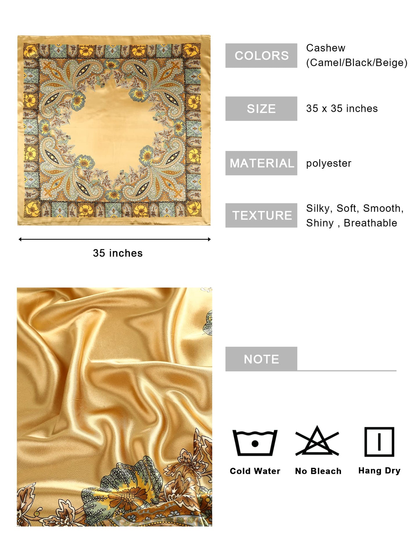 AWAYTR 35” Large Square Satin Head Scarf - 3Pcs Satin Hair Scarves Silk Bandana Scarf Headscarf Silk Feeling Scarf for Women (Cashew(camel/Black/Beige)) - The One Stop Deals