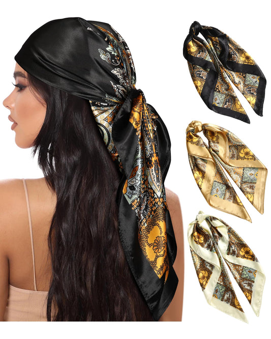 AWAYTR 35” Large Square Satin Head Scarf - 3Pcs Satin Hair Scarves Silk Bandana Scarf Headscarf Silk Feeling Scarf for Women (Cashew(camel/Black/Beige)) - The One Stop Deals