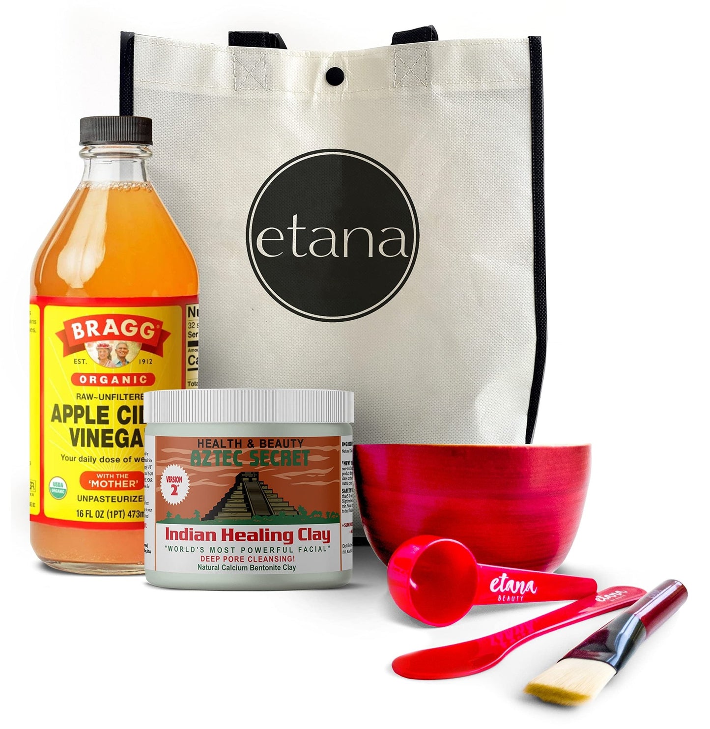 Aztec Secret Aztec Clay Premium Mask Set by Etana Beauty – All - In - One Kit Includes 1lb Indian Healing Clay, 16oz Bragg's Apple Cider Vinegar, Natural Bamboo Bowl, Stir, Scoop, Brush & Tote - The One Stop Deals