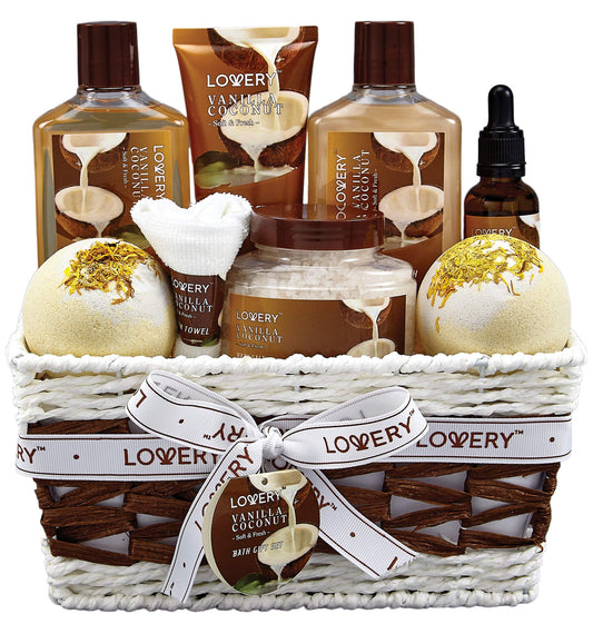 Bath and Body Gift Basket For Women and Men – 9 Piece Set of Vanilla Coconut Home Spa Set, Includes Fragrant Lotions, Extra Large Bath Bombs, Coconut Oil, Luxurious Bath Towel & More - The One Stop Deals