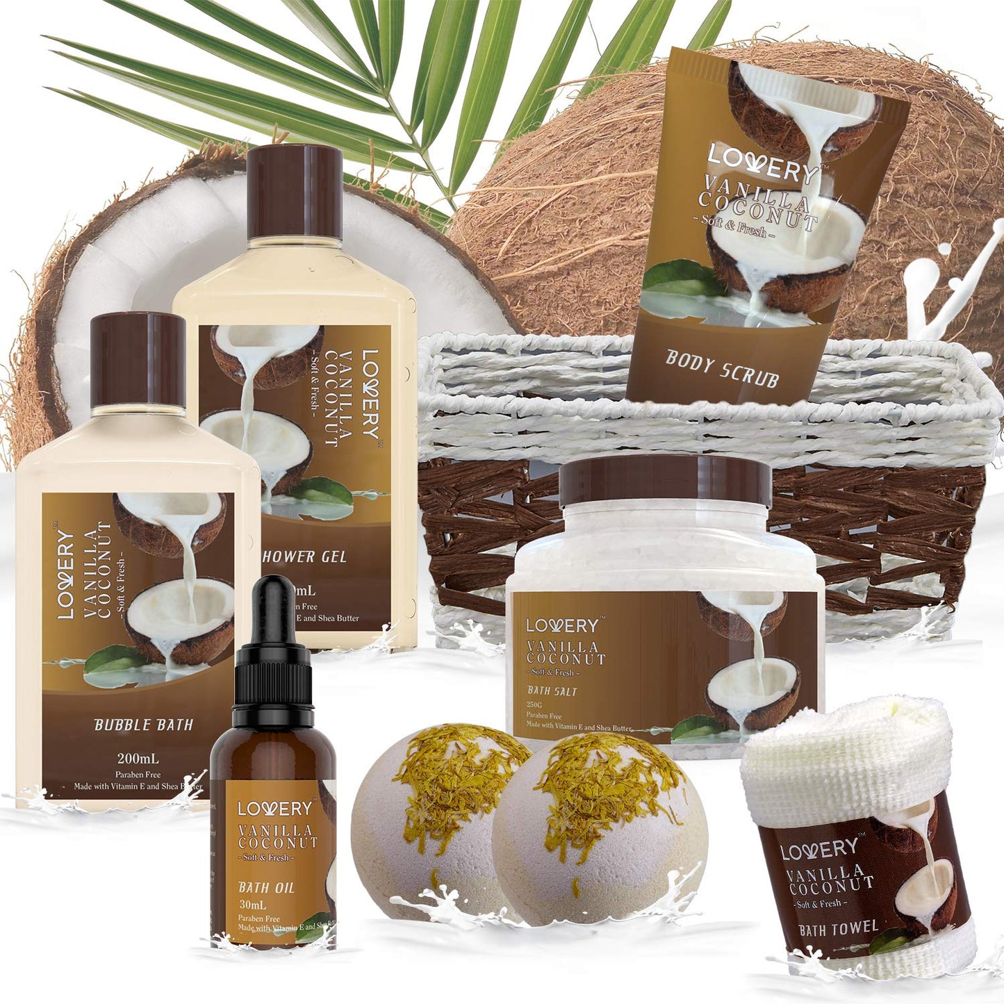 Bath and Body Gift Basket For Women and Men – 9 Piece Set of Vanilla Coconut Home Spa Set, Includes Fragrant Lotions, Extra Large Bath Bombs, Coconut Oil, Luxurious Bath Towel & More - The One Stop Deals