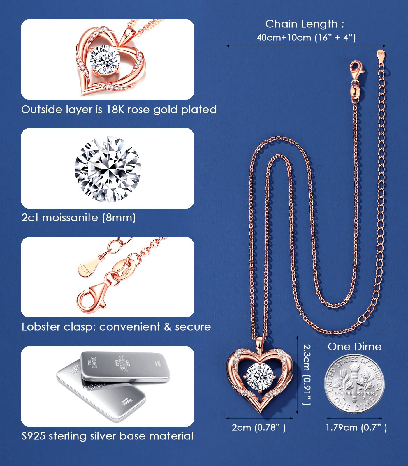 Beam & Bask 2 Ct Moissanite Heart Necklace for Women, 18K Rose Gold Plated Romantic Pendant for Anniversary Birthday, 925 Sterling Silver Jewelry for Wife Girlfriend Mom Her - The One Stop Deals