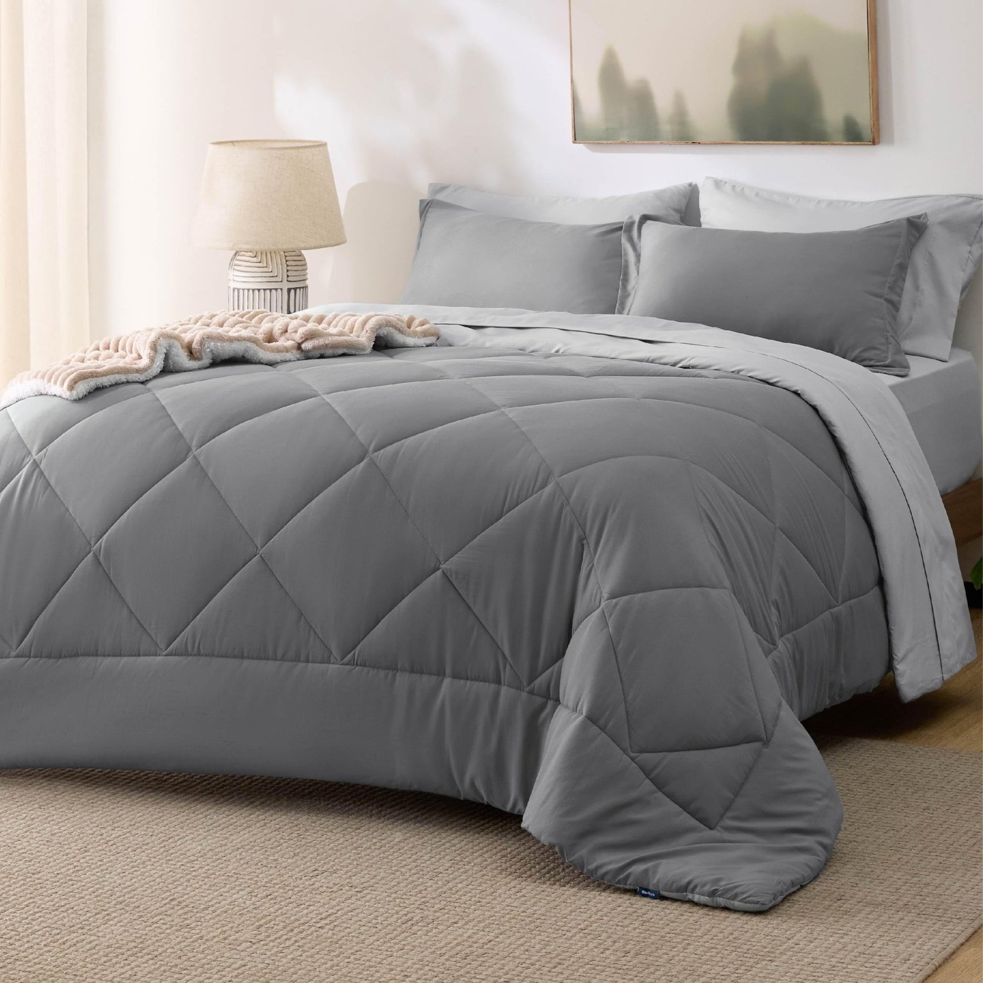 Bedsure Queen Comforter Set - 7 Pieces Reversible Grey Bedding, Queen Size Bed Set for All Seasons, Bed in a Bag with Down Alternative Comforter, Sheets, Pillowcases & Shams - The One Stop Deals