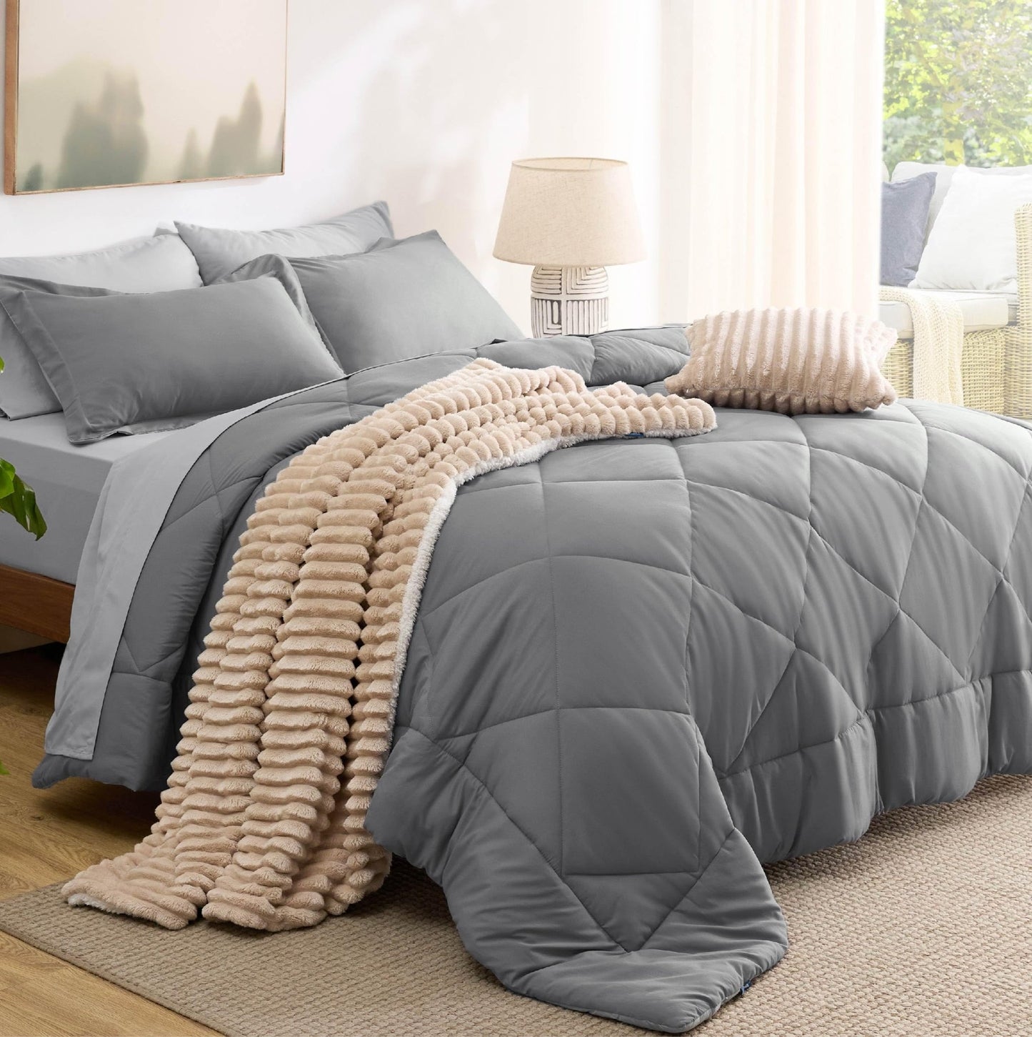 Bedsure Queen Comforter Set - 7 Pieces Reversible Grey Bedding, Queen Size Bed Set for All Seasons, Bed in a Bag with Down Alternative Comforter, Sheets, Pillowcases & Shams - The One Stop Deals