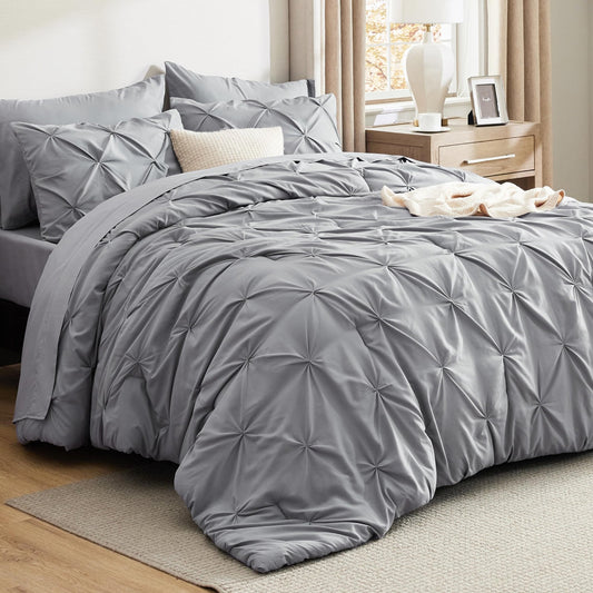 Bedsure Queen Comforter Set Grey - Bed in a Bag Queen Size 7 Pieces, GentleSoft™ Pintuck Bed Set Gift for Family, Pinch Pleat Grey Comforter with Sheets, Pillowcases & Shams - The One Stop Deals