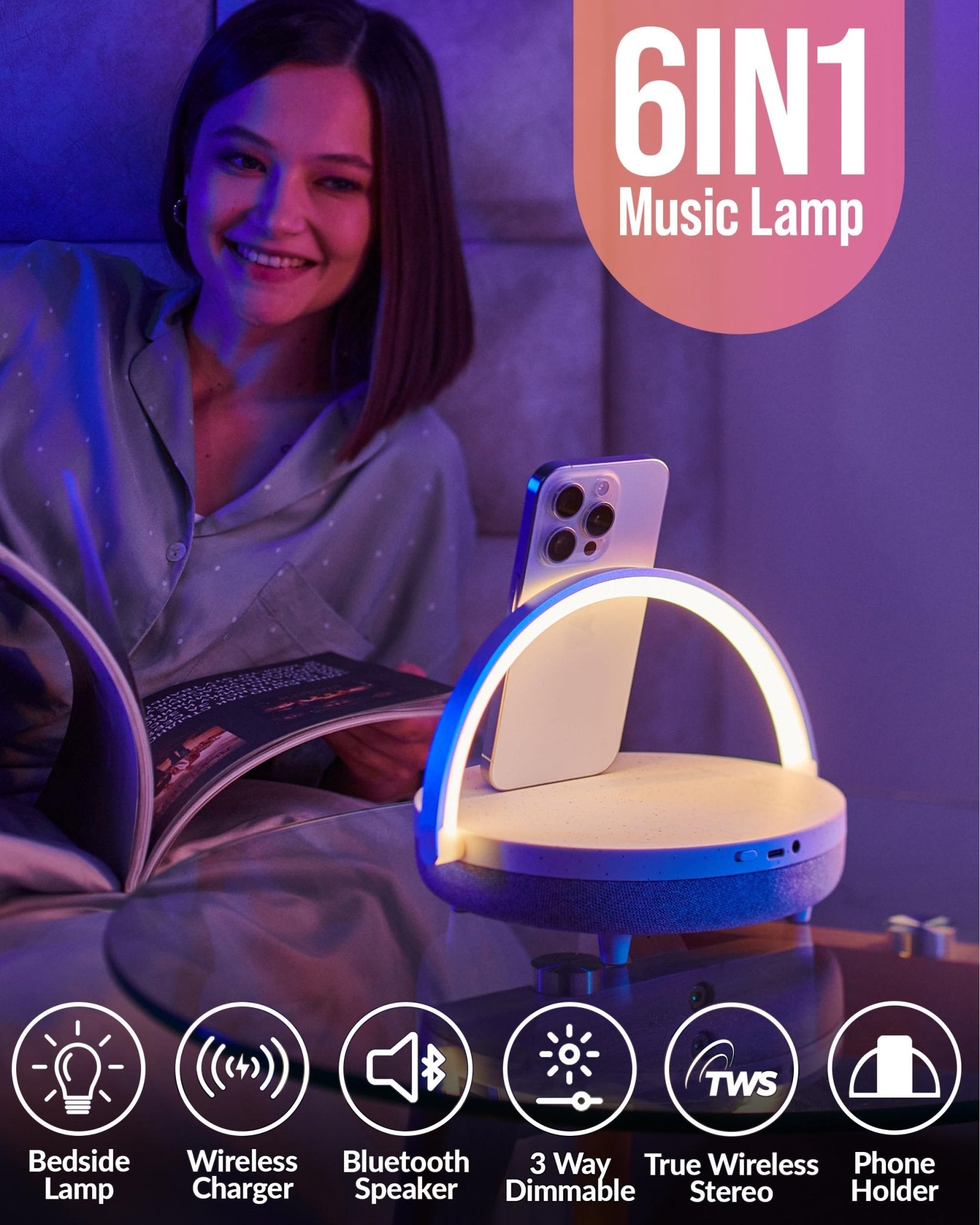 BELMAK Bedside Lamp with Wireless Charger, Phone Charging Lamps for Bedroom, Speaker Lamp Bluetooth Wireless, 6 in 1 Touch Bedside Lamp, Unique Gifts for Women, Dad, Mom, Men Birthday Gift Ideas - The One Stop Deals