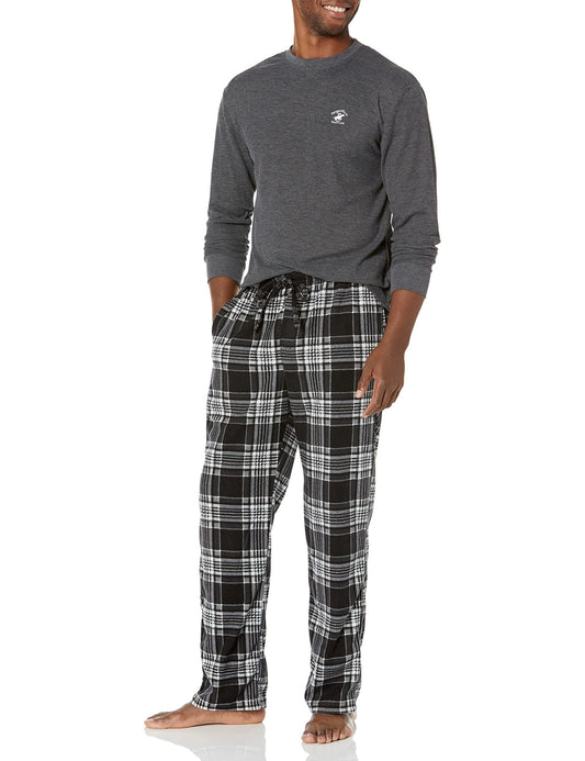 Beverly Hills Polo Club mens Beverly Hills Polo Polar Fleece W/Thermal Top Pajama Set, Char Top With Blk/Wht Pants, Large US (MBL707AM) - The One Stop Deals