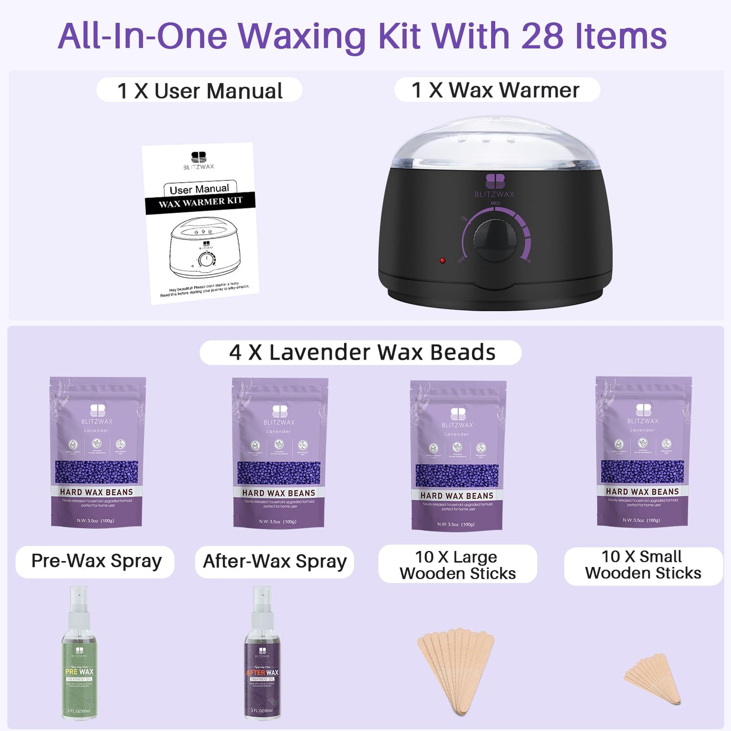 BLITZWAX Brazilian and Bikini Waxing Kit for Women, Hard Wax Warmer for Face, Legs, and Body, At Home Hair Removal Kit, Beginner Friendly, Quick Heating, 28 Accessories - The One Stop Deals