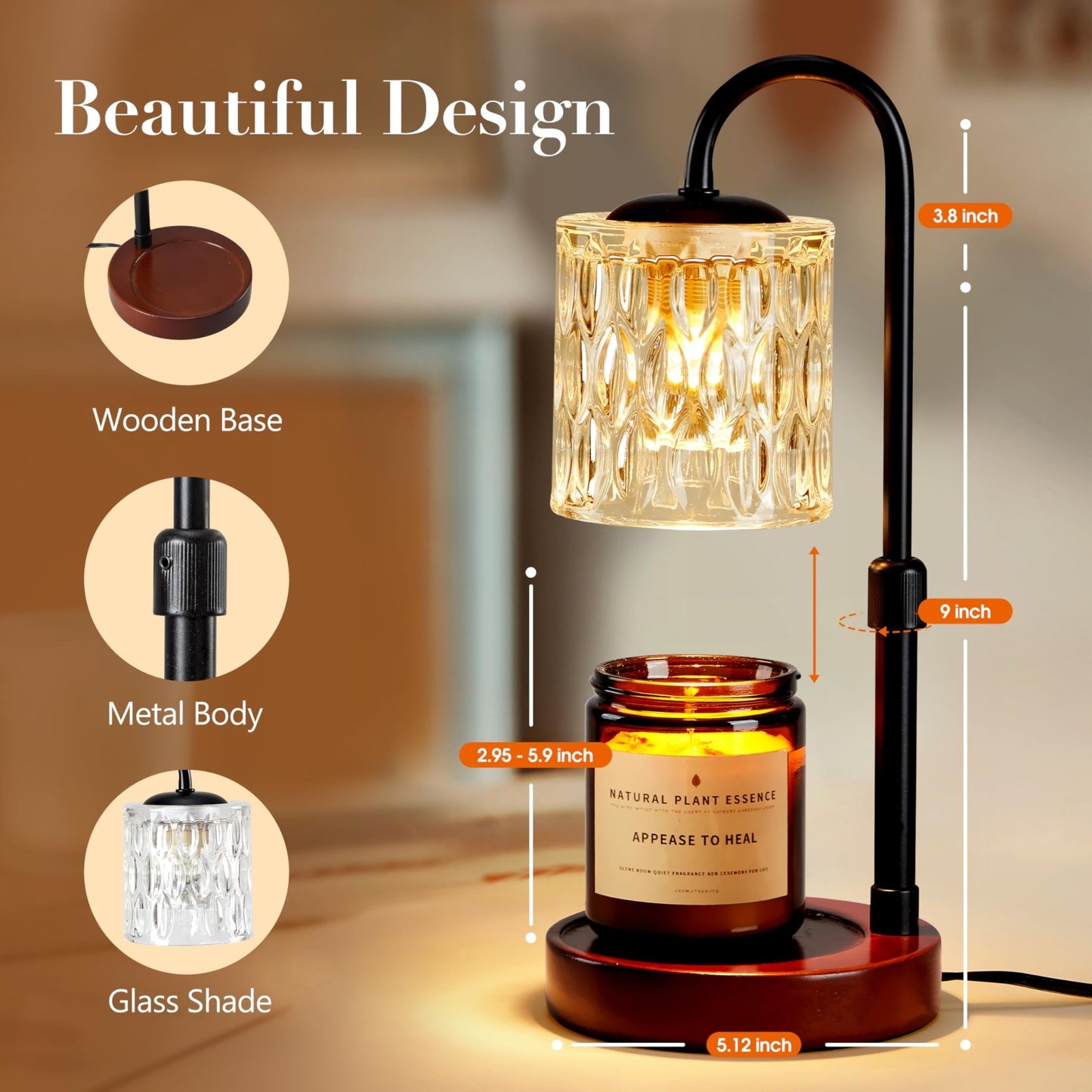 Briever Dimmable Candle Warmer Lamp with Timer, Height Adjustable Electric Candle Wax Warmer for Jar Candles, Top - Down Light Heat Melting Wax with 2 Bulbs, Walnut Solid Wood Base for Home Decor Gifts - The One Stop Deals