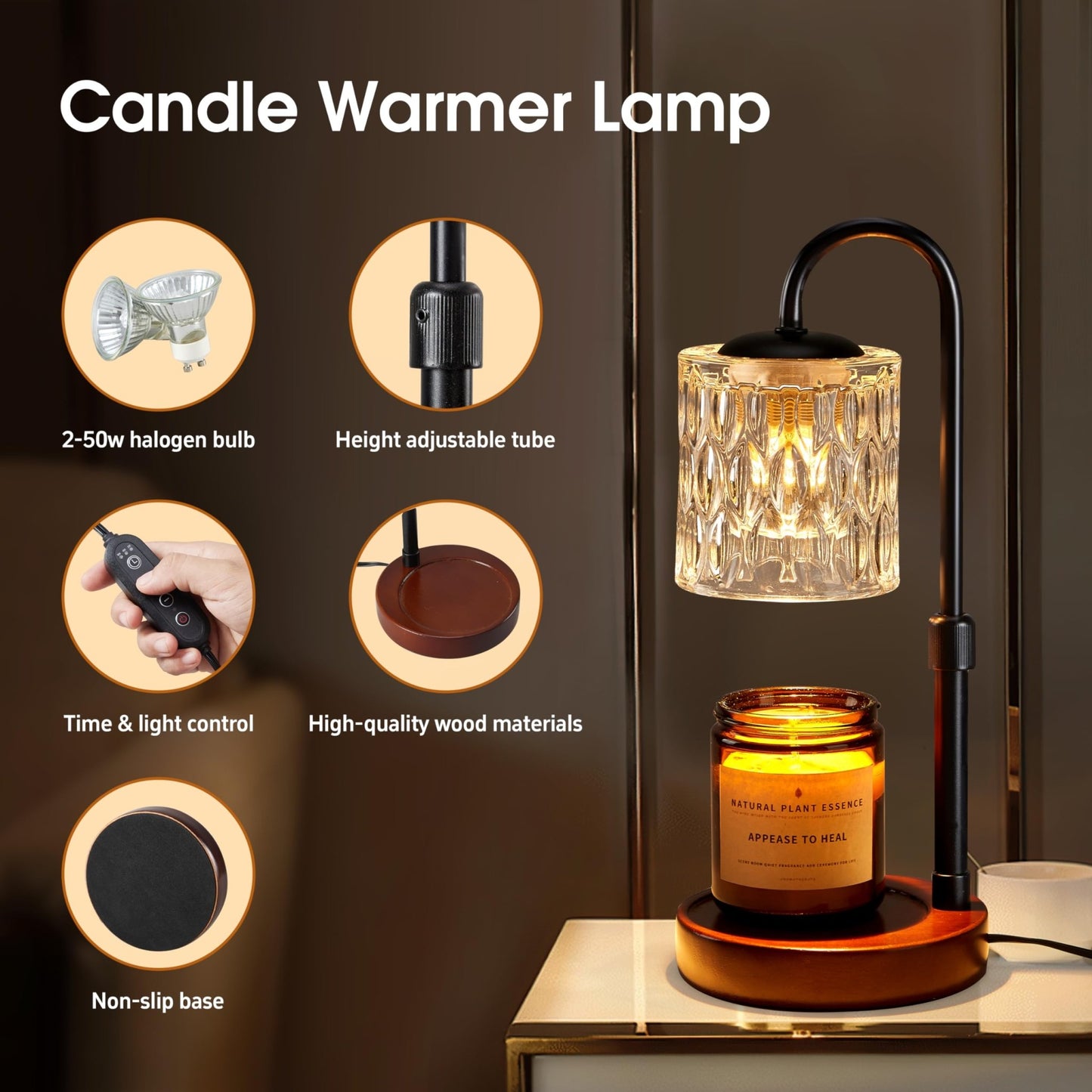 Briever Dimmable Candle Warmer Lamp with Timer, Height Adjustable Electric Candle Wax Warmer for Jar Candles, Top - Down Light Heat Melting Wax with 2 Bulbs, Walnut Solid Wood Base for Home Decor Gifts - The One Stop Deals