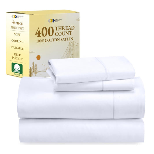 California Design Den 100% Cotton Sheets - 400 Thread Count Sateen Bed Sheets Queen Size Bed Set with Deep Pockets, Cool and Durable Bedding Set - White - The One Stop Deals