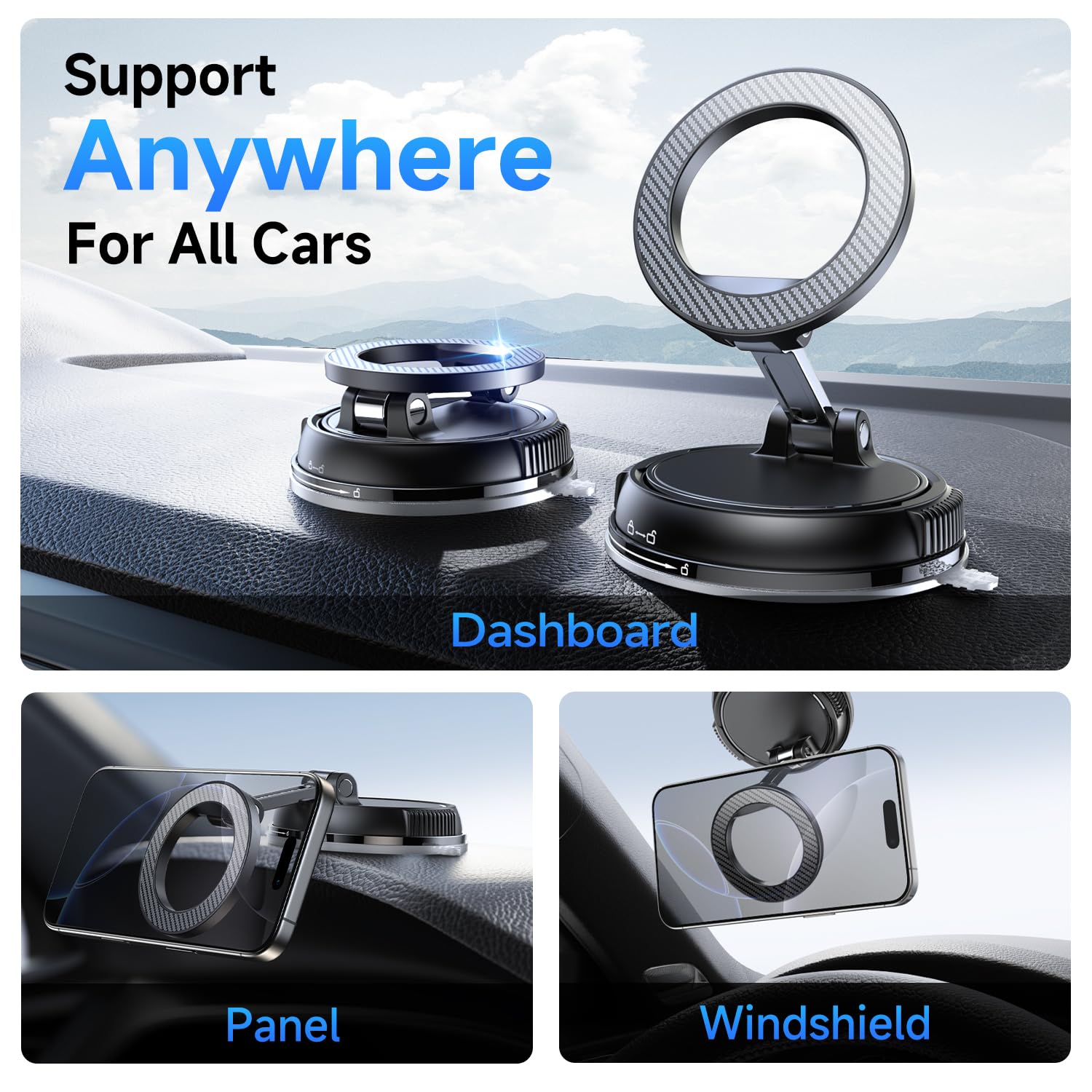 Car Phone Holder for Magsafe [78+LBS Strongest Suction & 2400gf Strongest Magnetic] 360° Adjustable Car Phone Mount, Cell Phone Holders for Your Car for All Smartphones & All Car Models (Carbon Fiber) - The One Stop Deals