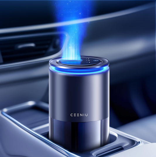 Ceeniu Car Air Freshener CF12 Pro, Smart Ultrasonic Diffuser, Enlarged Spray Nozzle, Auto On/Off, 3 Modes, Ambient Light, 700mAh Built - in Battery, Perfume Natural Fragrance for Women, Lasts 4 Months - The One Stop Deals