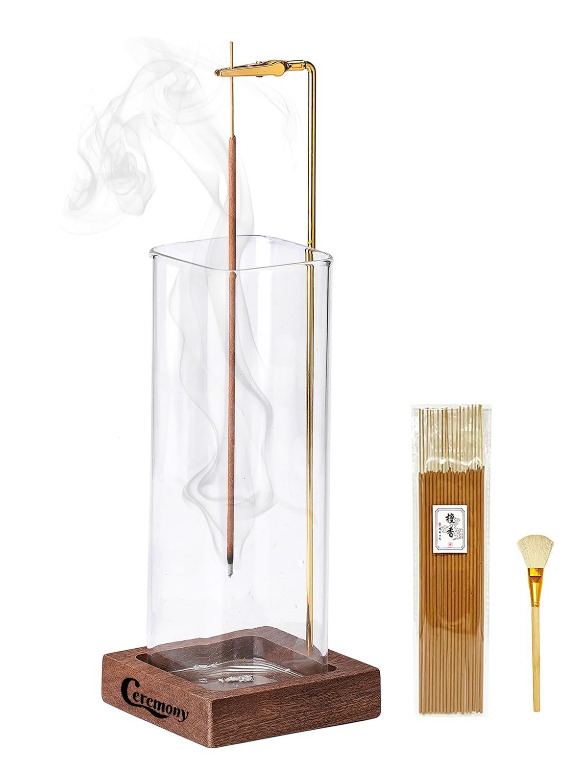 Ceremony Incense Holder, Wooden Incense Holder for Sticks with Glass Ash Catcher, Anti - ash Incense Burner with 20 Incense Sticks and a Ash Brush for Meditation Yoga Spa Room Decor - The One Stop Deals