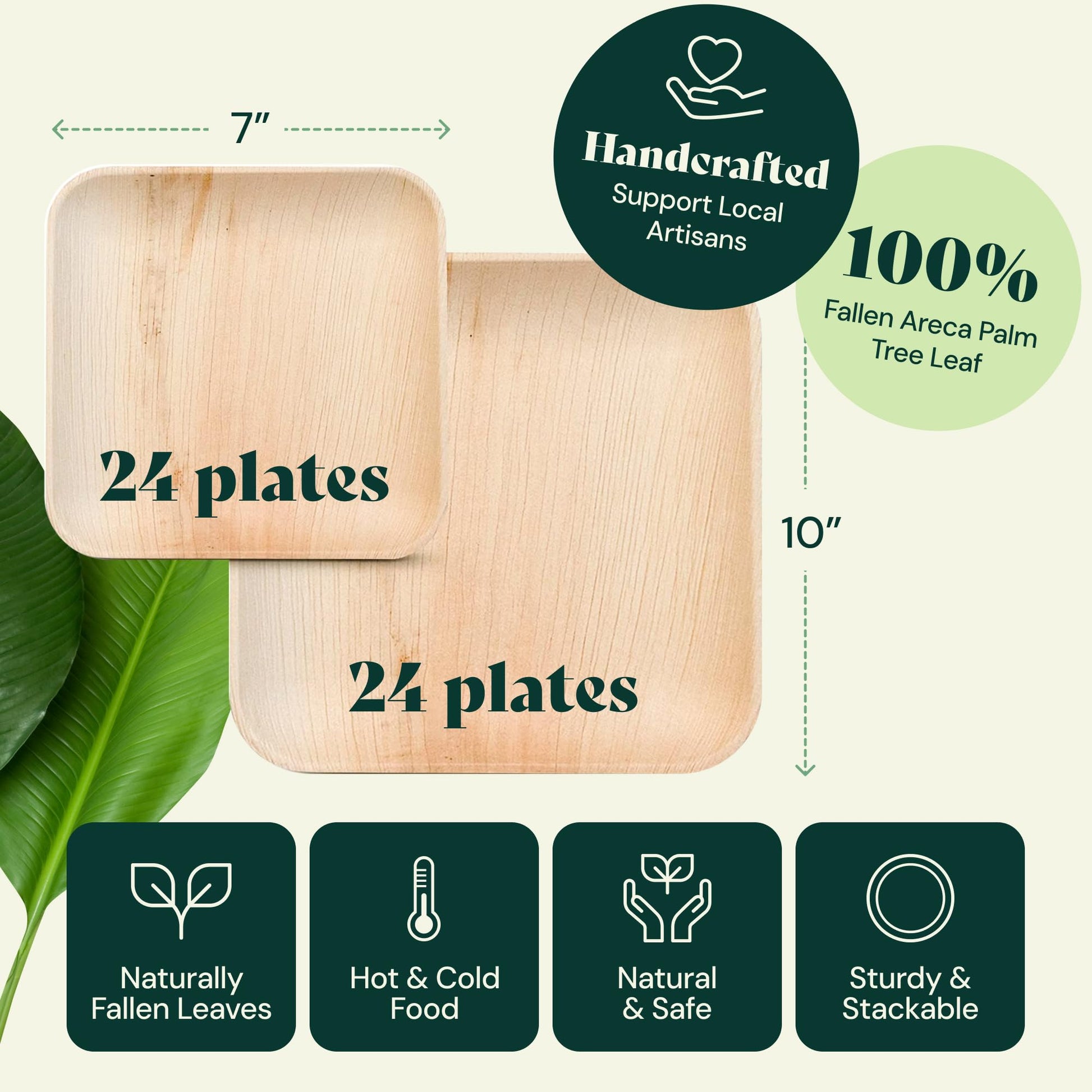 Chic Leaf Compostable & Biodegradable Palm Leaf Disposable Bamboo Plates - Disposable Party Plates for Appetizers - Party Supplies (10 & 7 Inch Square) - The One Stop Deals