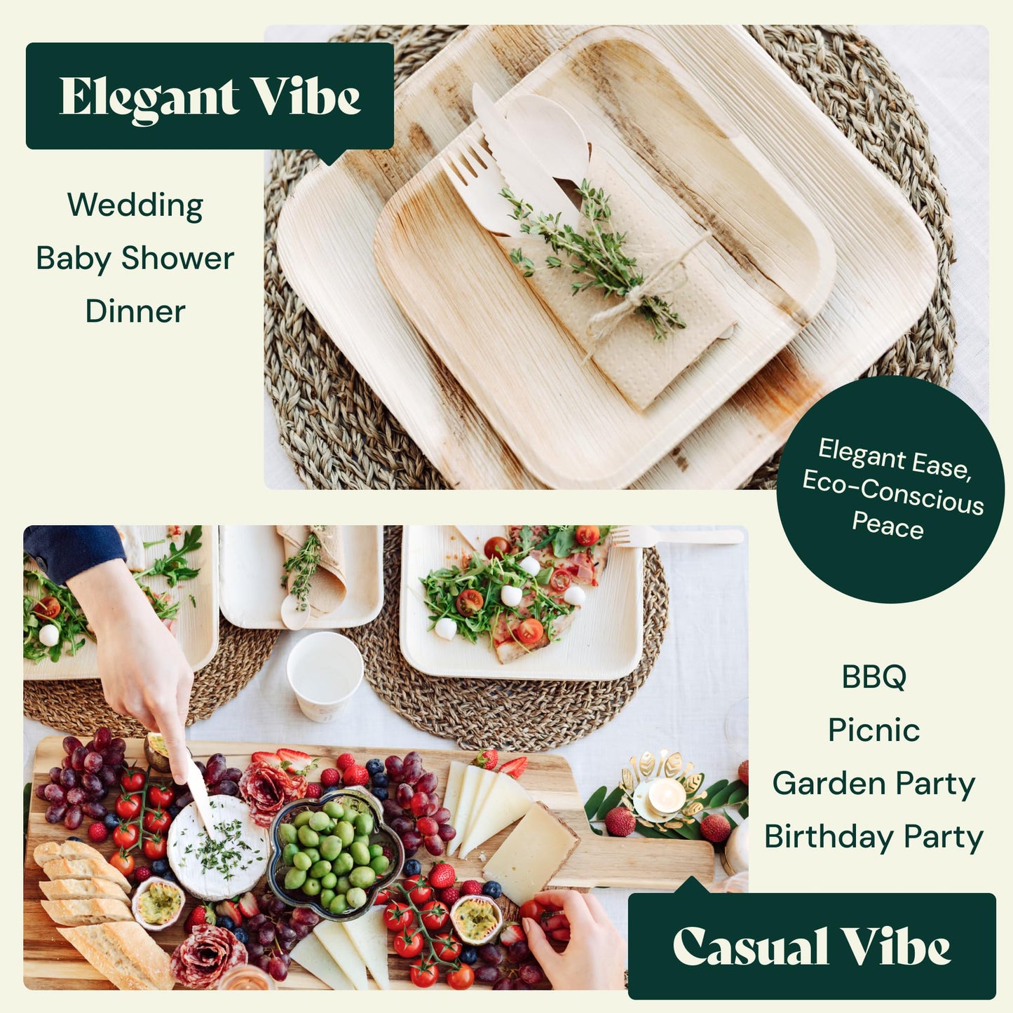 Chic Leaf Compostable & Biodegradable Palm Leaf Disposable Bamboo Plates - Disposable Party Plates for Appetizers - Party Supplies (10 & 7 Inch Square) - The One Stop Deals