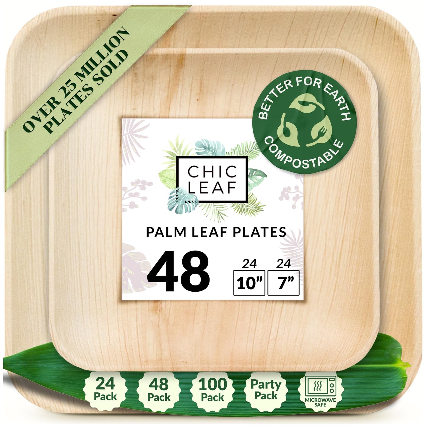 Chic Leaf Compostable & Biodegradable Palm Leaf Disposable Bamboo Plates - Disposable Party Plates for Appetizers - Party Supplies (10 & 7 Inch Square) - The One Stop Deals