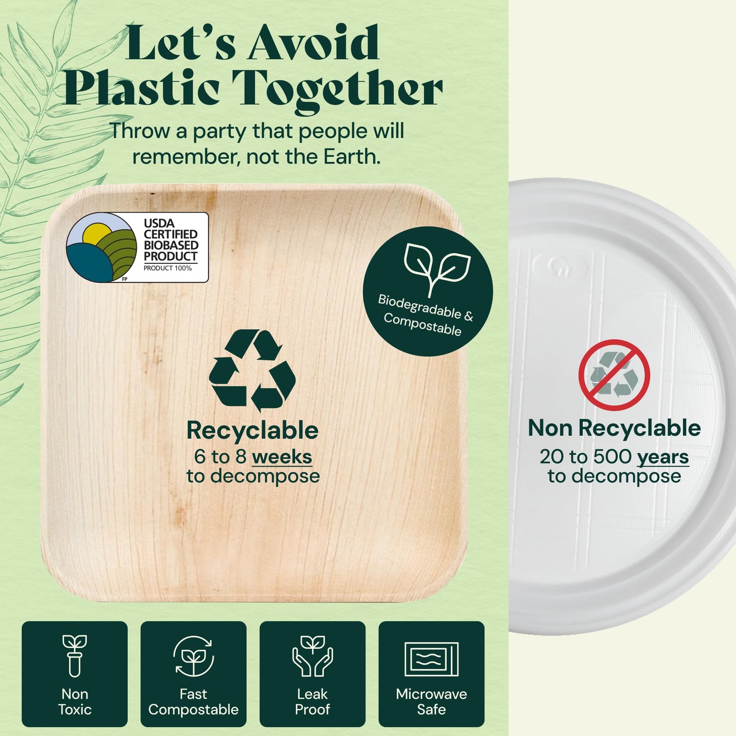 Chic Leaf Compostable & Biodegradable Palm Leaf Disposable Bamboo Plates - Disposable Party Plates for Appetizers - Party Supplies (10 & 7 Inch Square) - The One Stop Deals