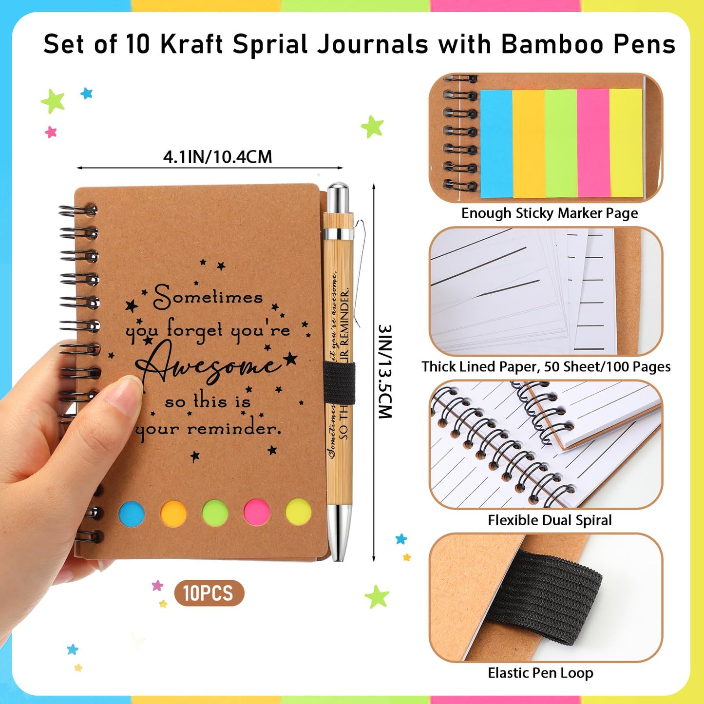 Chuangdi 10 Sets Employee Appreciation Gift Team Graduate Thank You Gift Inspirational Notebook Journal with Sticky Notepad Motivational Bamboo Pen Bulk for Volunteer Nurse Teacher Coworker (Kraft) - The One Stop Deals