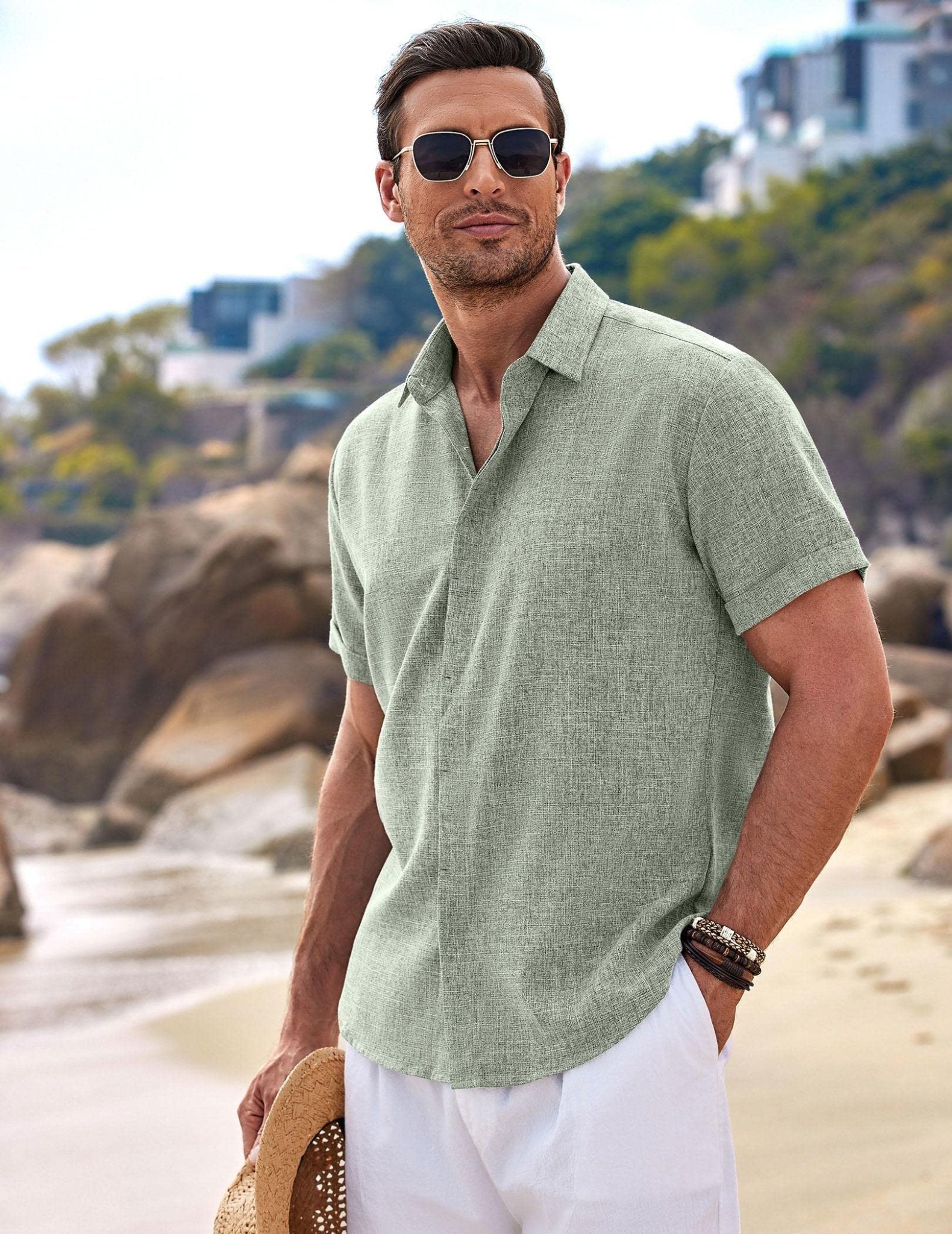 COOFANDY Men's Casual Shirts Button Up Shirt Linen Summer Beach Outfit Yoga Tee Light Green Large - The One Stop Deals